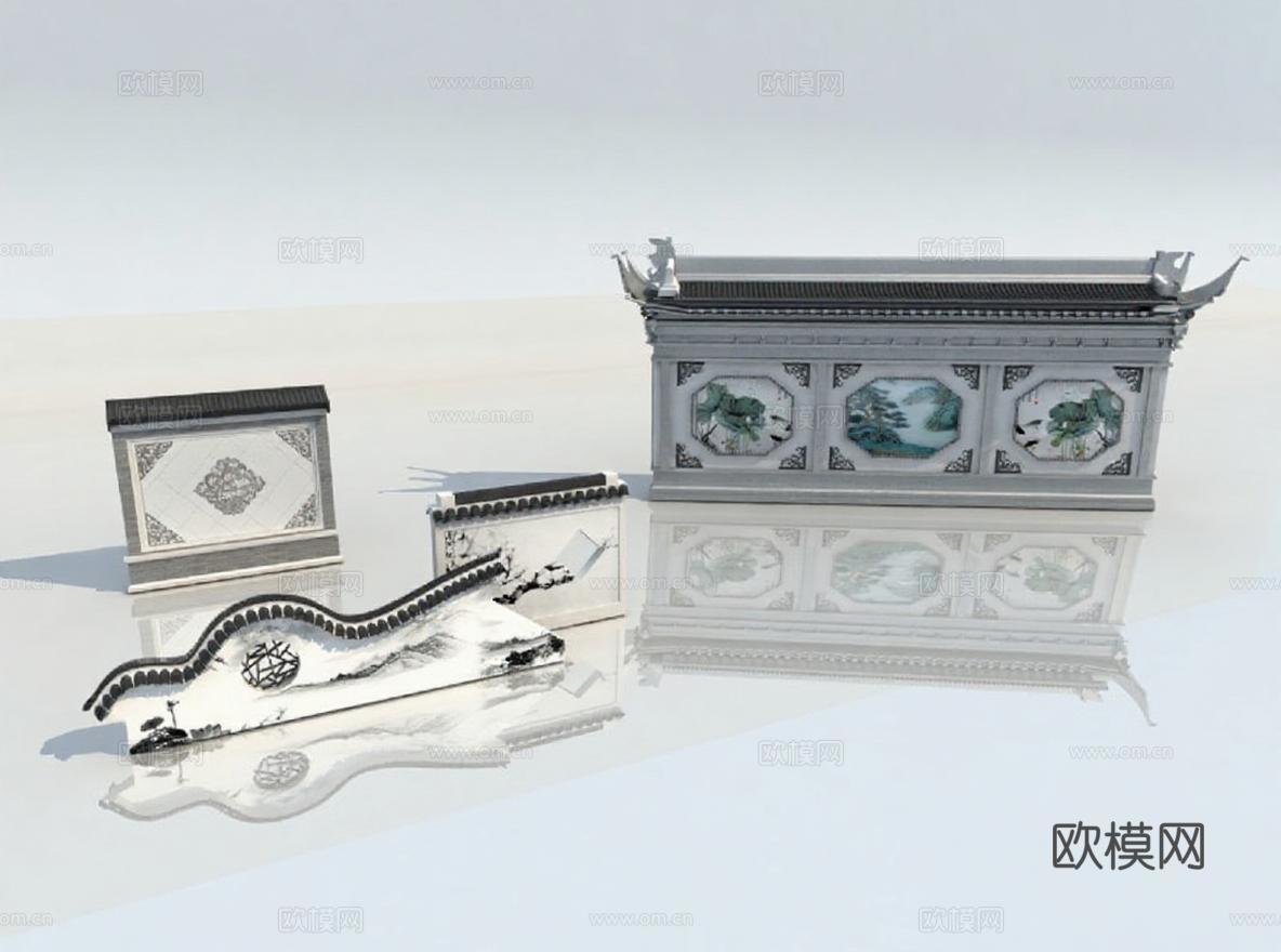 中式园林建筑构件3D模型 古典花窗屏风装饰板 陶瓷漆器文化元素展示免费3d模型下载