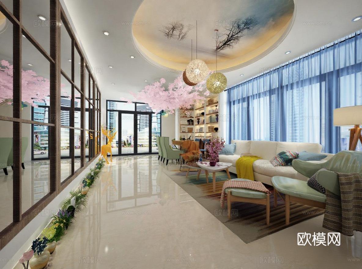 现代简约客厅3D渲染效果图 大理石地面与艺术吊灯设计 米白浅蓝家居装饰方案免费3d模型下载