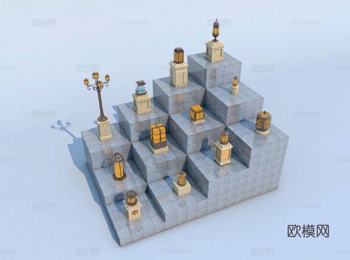 3D建筑模型 东方幻想微缩景观 阶梯石台场景设计 古雅游戏装饰素材 高清材质细节免费3d模型下载