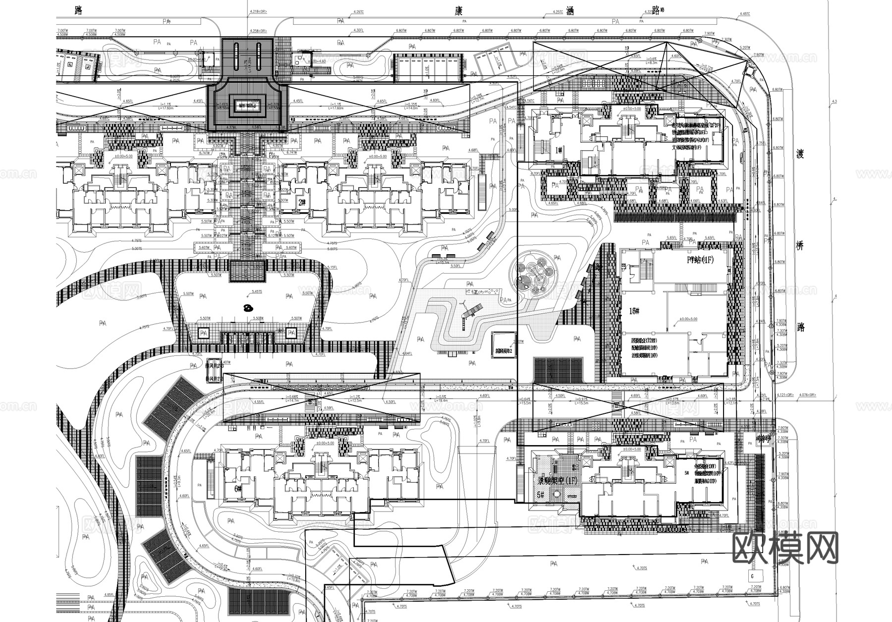 居住区住宅区景观总平面图cad施工图