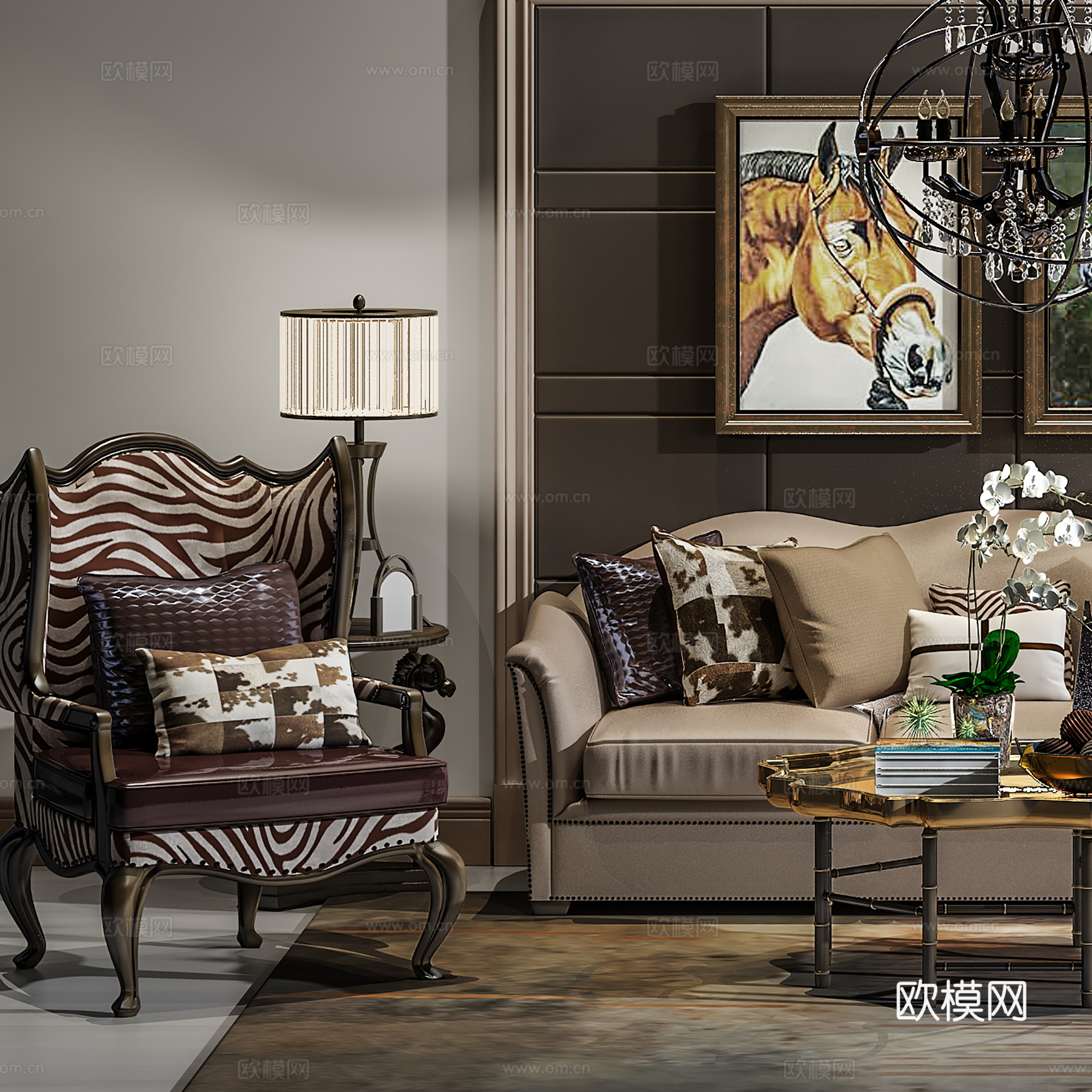 现代沙发茶几壁画组合3d模型下载（渲染图4）