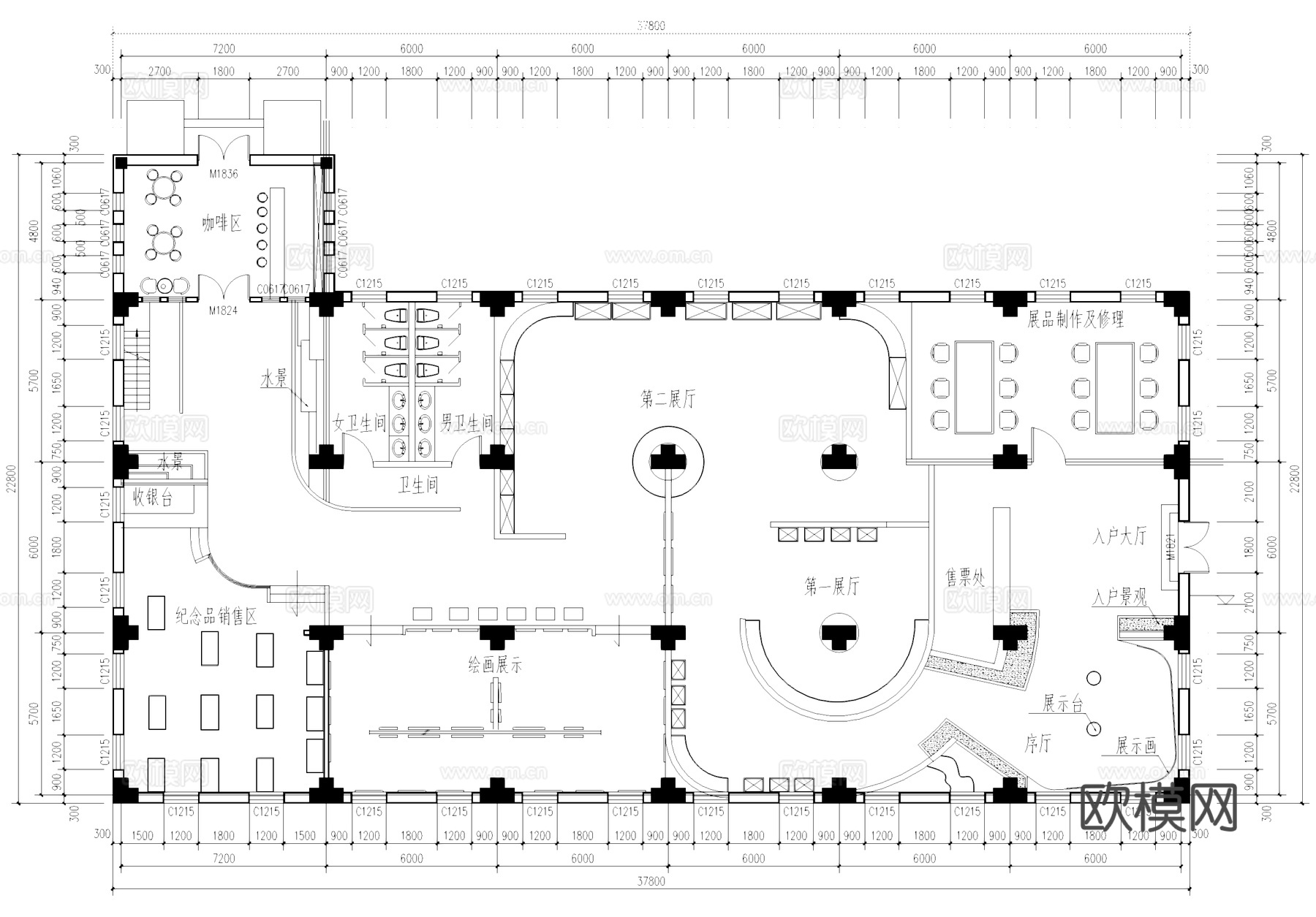 美术绘画艺术文化展厅平面图cad施工图