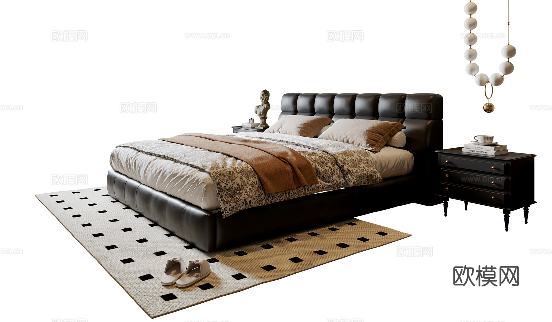 法式双人床 皮质双人床 床头柜 吊灯 地毯su模型