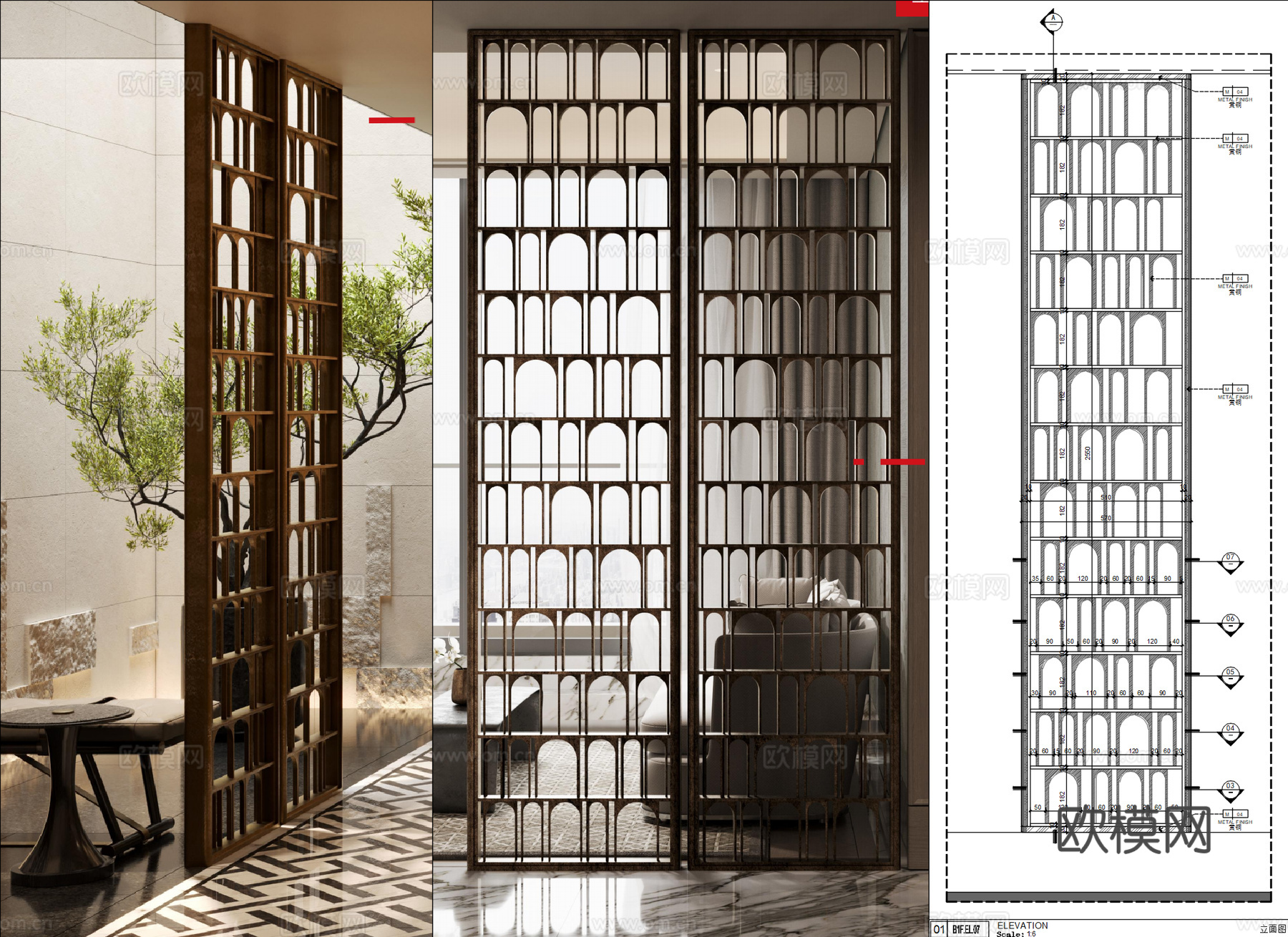 金属屏风详图、不锈钢屏风大样、黄铜镂空屏风、隔断屏风、屏风cad施工图