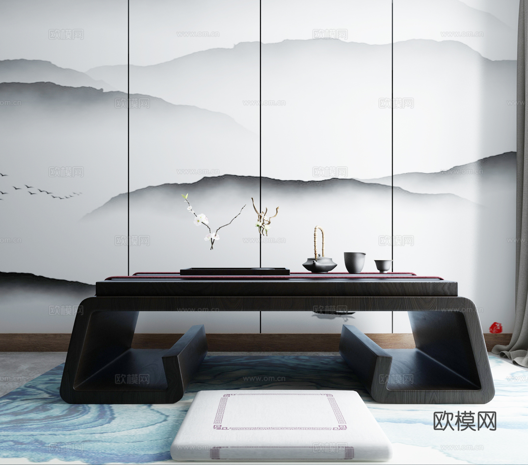 新中式沙发茶几组合3d模型下载（渲染图2）