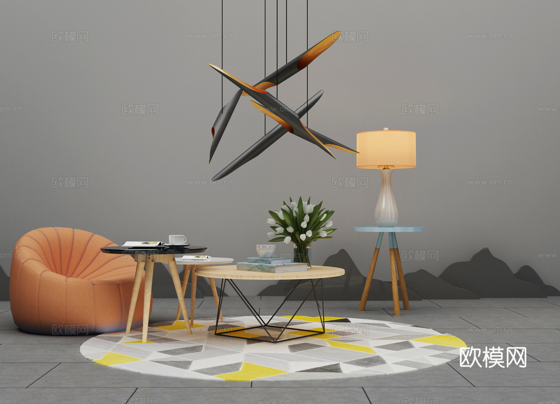 新中式沙发茶几组合3d模型下载（渲染图1）