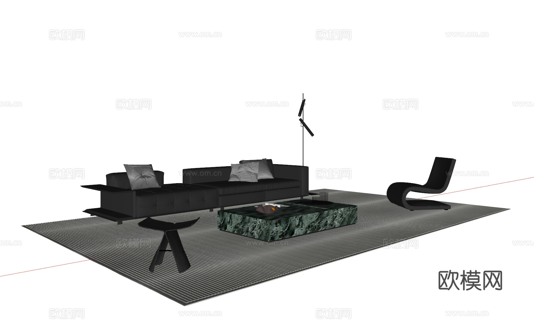 现代意式沙发茶几组合 多人沙发 皮质沙发 休闲椅 地毯su模型