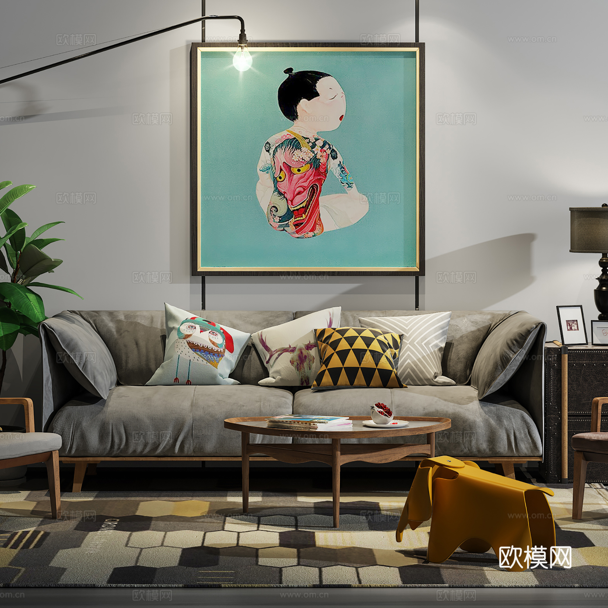 现代沙发茶几壁画组合3d模型下载（渲染图4）