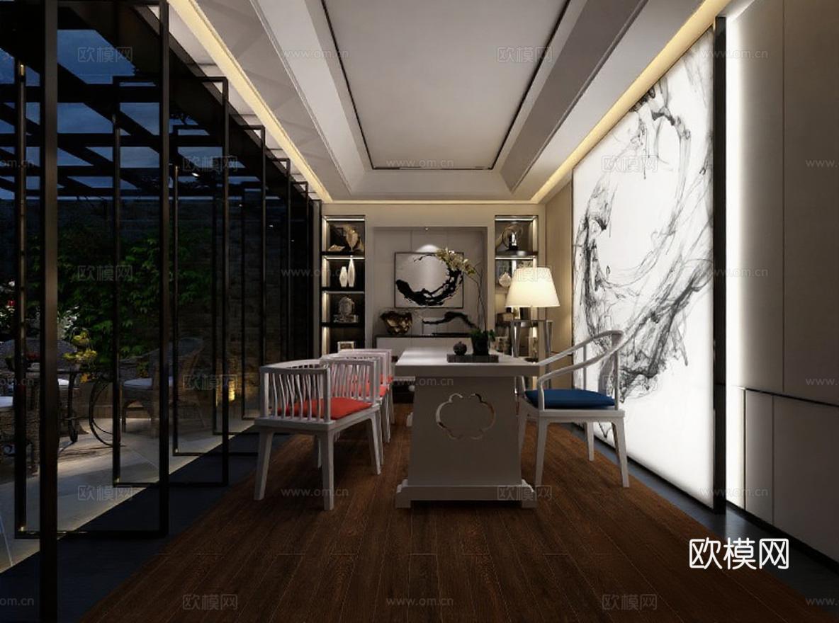 现代中式茶室会客区设计 高端住宅对称布局3D渲染效果图 轻奢禅意空间光影层次解析免费3d模型