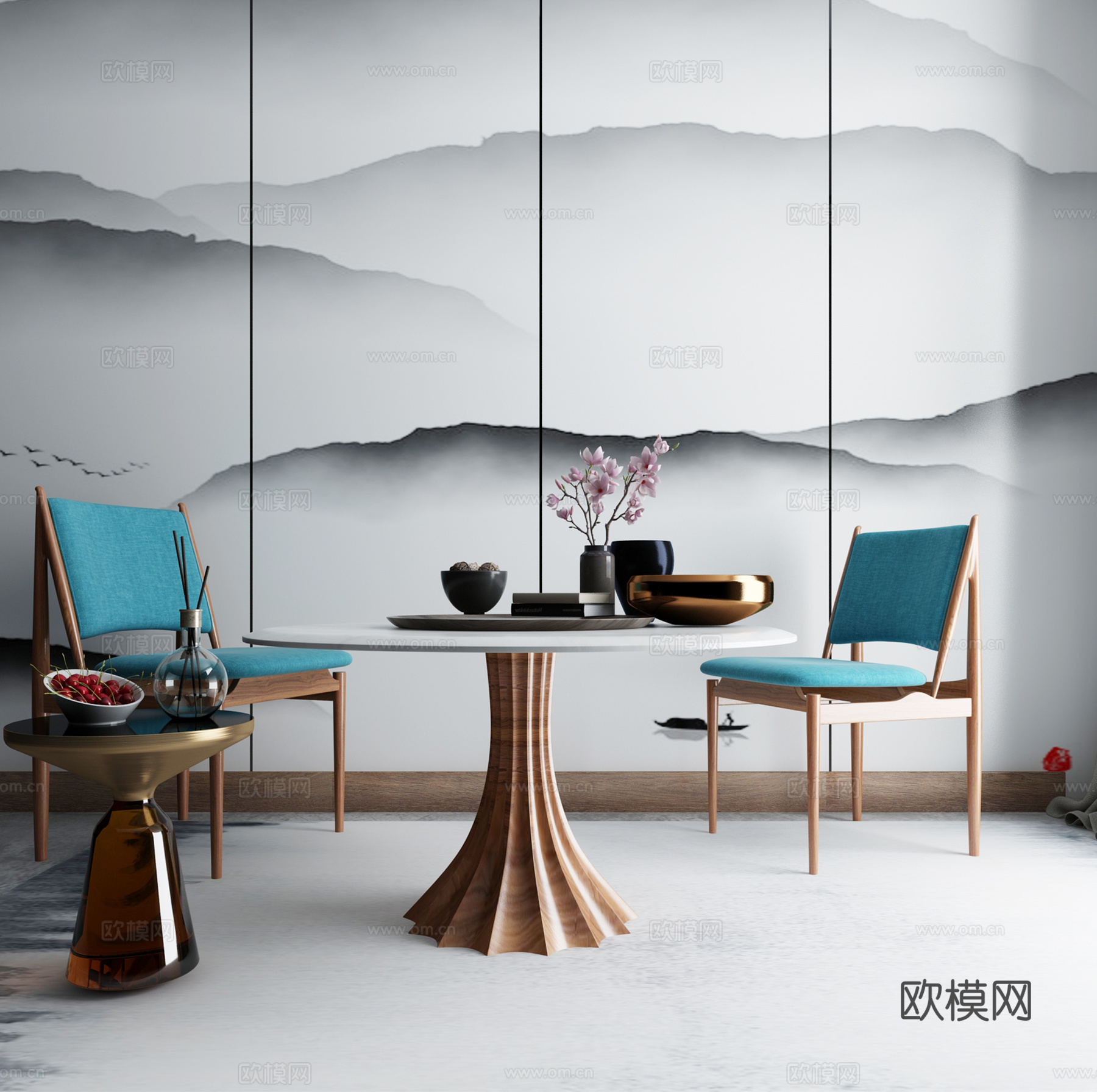 新中式沙发茶几组合3d模型下载（渲染图1）