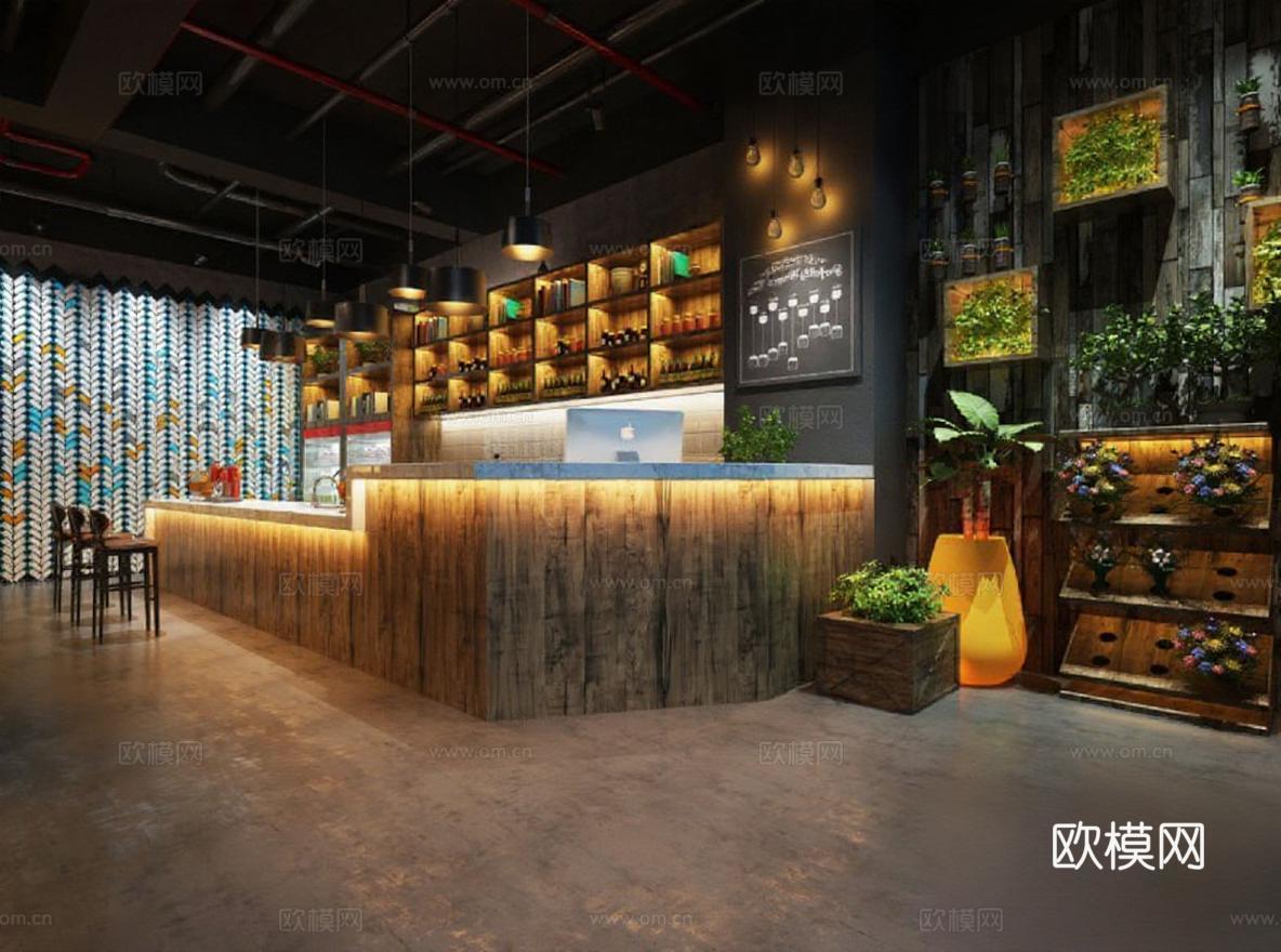 工业自然融合咖啡厅设计 3D渲染概念空间 暖光绿植酒吧餐厅室内效果图免费3d模型