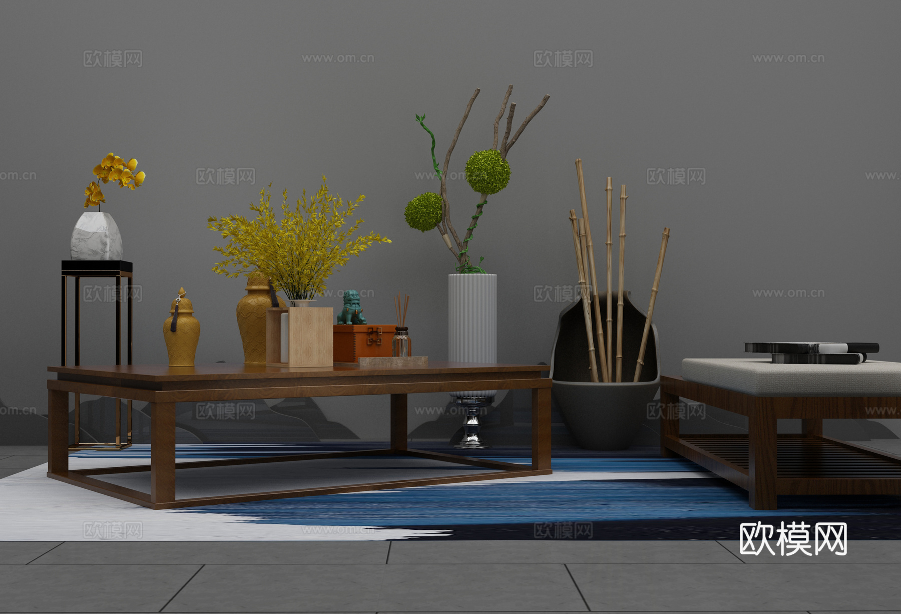 新中式沙发茶几组合3d模型下载（渲染图1）