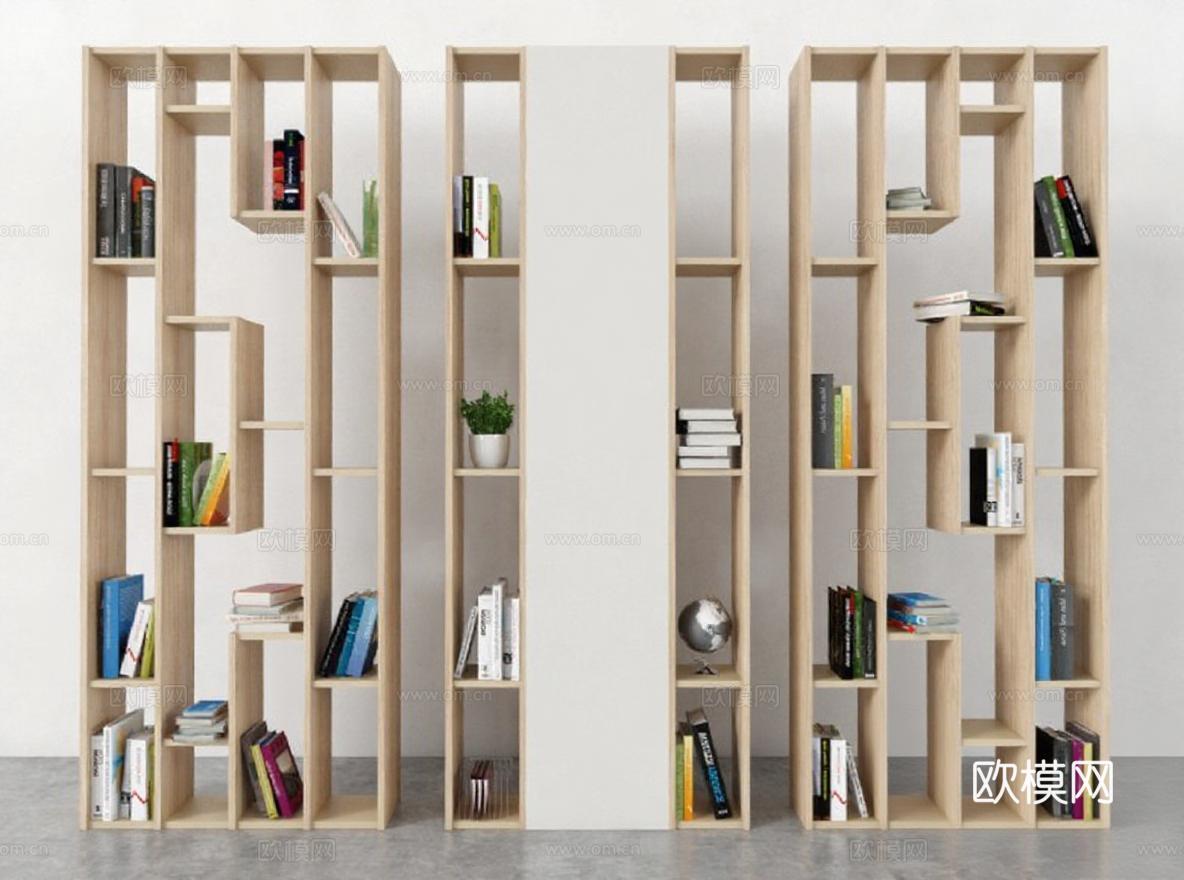 现代简约几何镂空书架 浅木色家居收纳设计 3D模型产品展示 室内装饰智慧空间免费3d模型下载