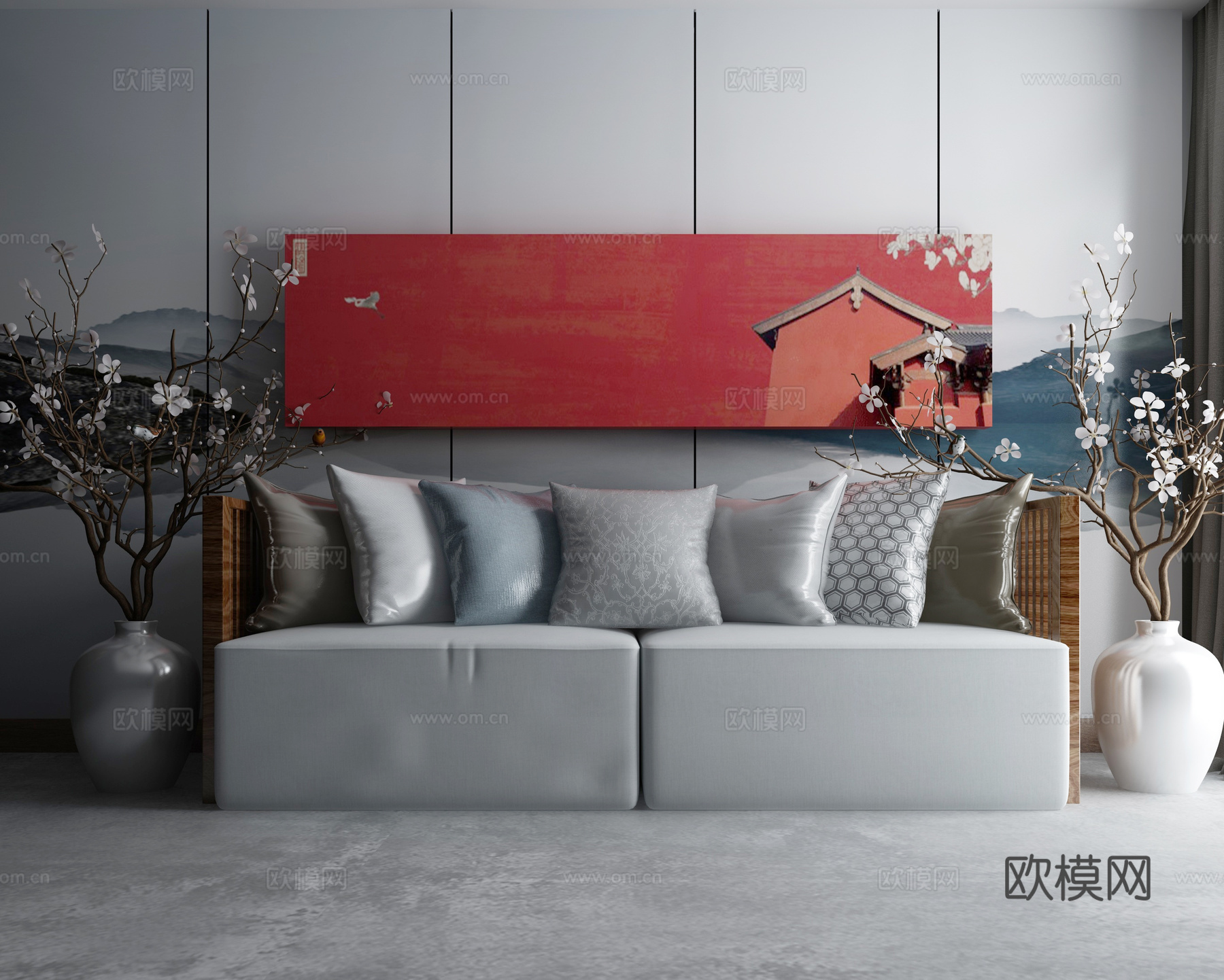 新中式沙发茶几组合3d模型下载（渲染图2）