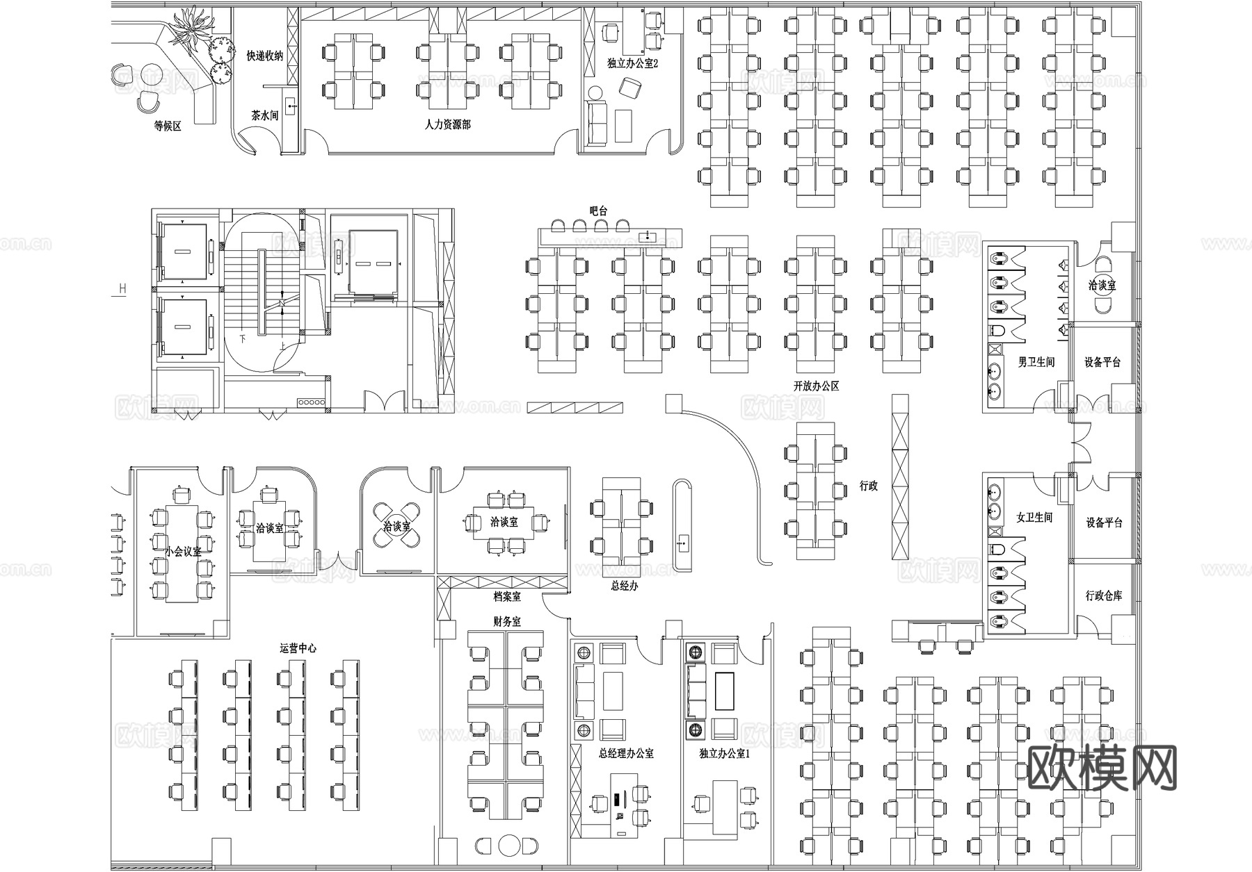 2600平方米办公室平面图cad施工图