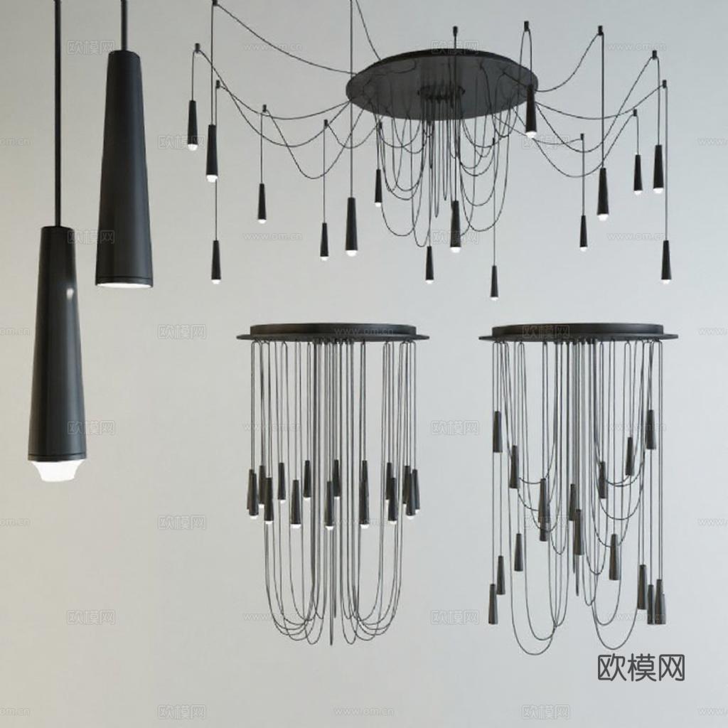现代黑色科技感吊灯3D模型 极简工业风室内灯具设计 家居装饰艺术灯饰展示免费3d模型