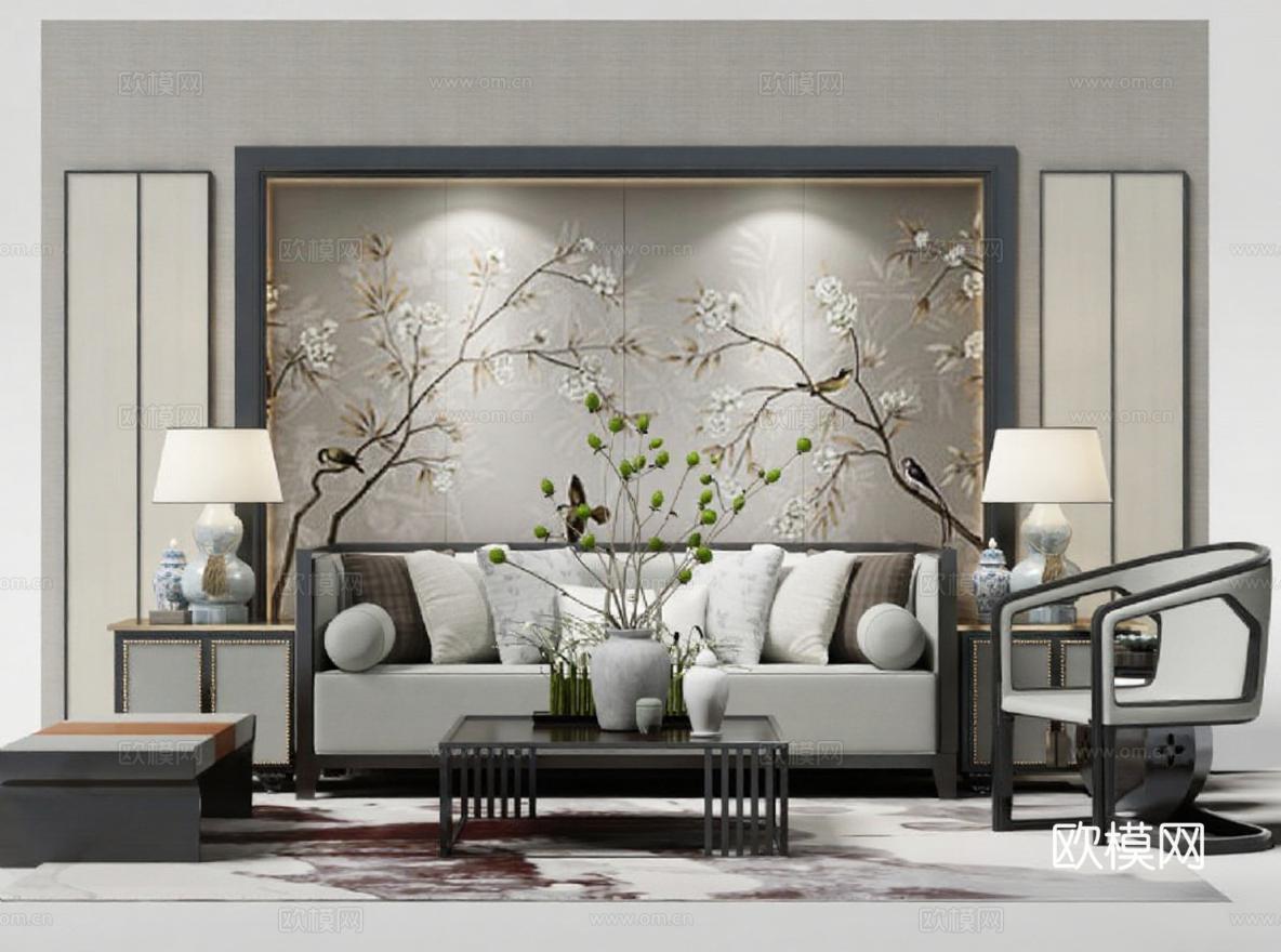 现代中式客厅设计 灰白禅意空间布艺沙发木质边柜 水墨装饰高端住宅3D渲染效果图免费3d模型