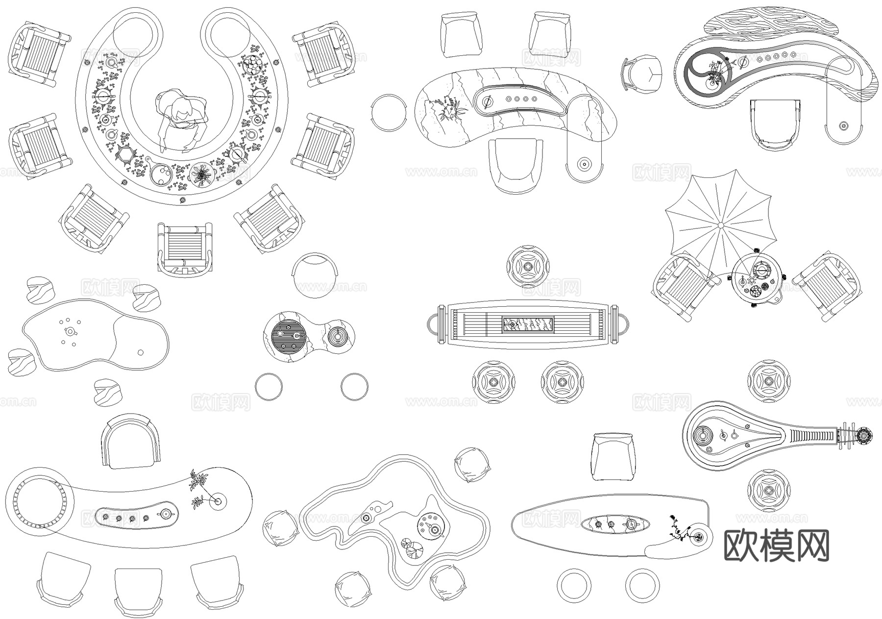 新中式桌子茶桌茶几茶台桌椅平面图块cad施工图
