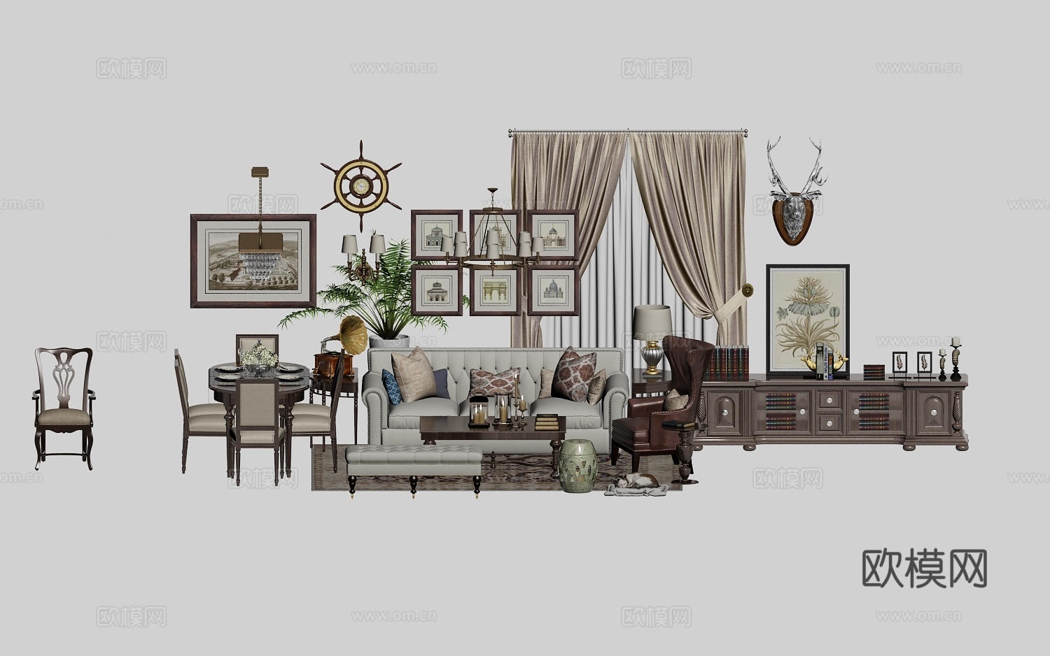 简约美式沙发 餐桌椅客厅 休闲椅电视柜 装饰品 组合3d模型下载（渲染图2）