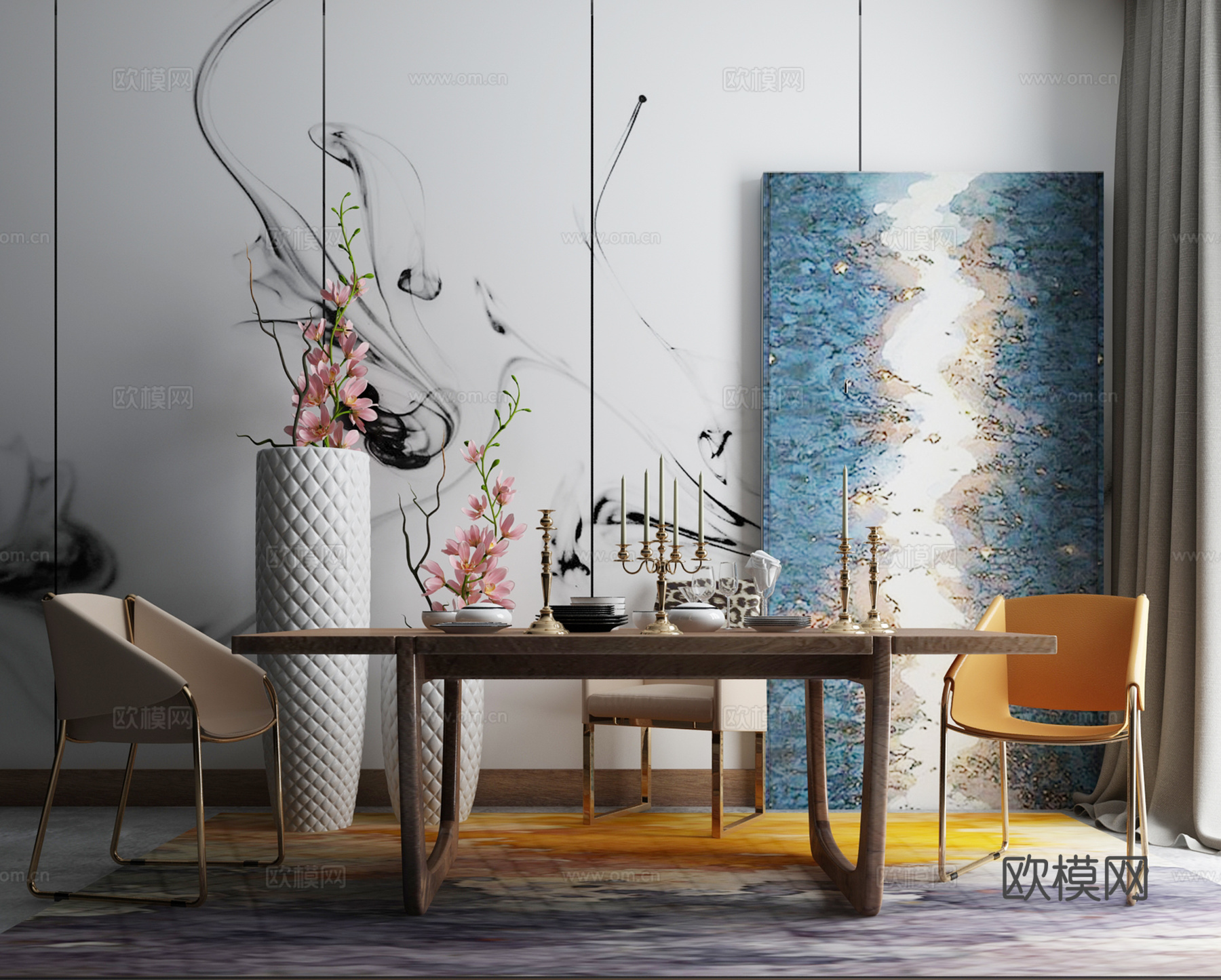 现代沙发 餐桌椅组合3d模型下载（渲染图2）
