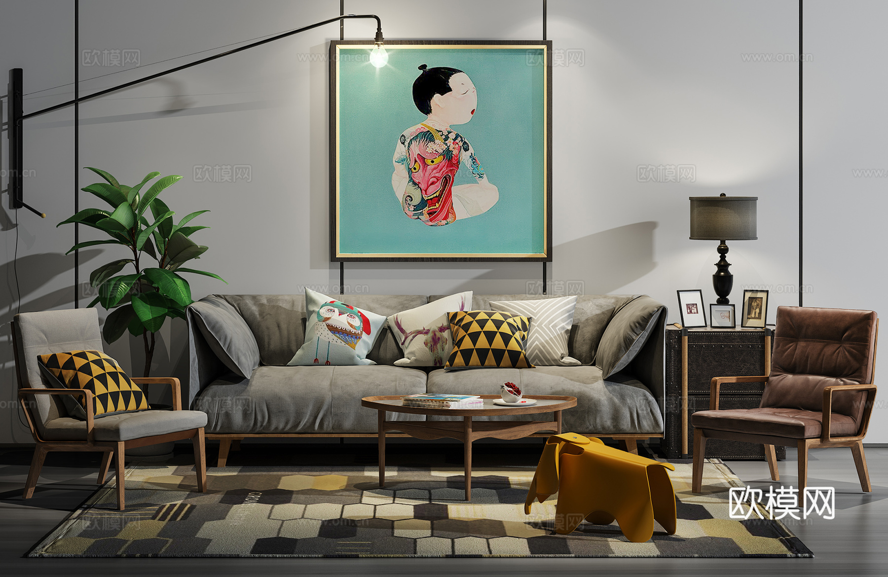 现代沙发茶几壁画组合3d模型下载（渲染图1）