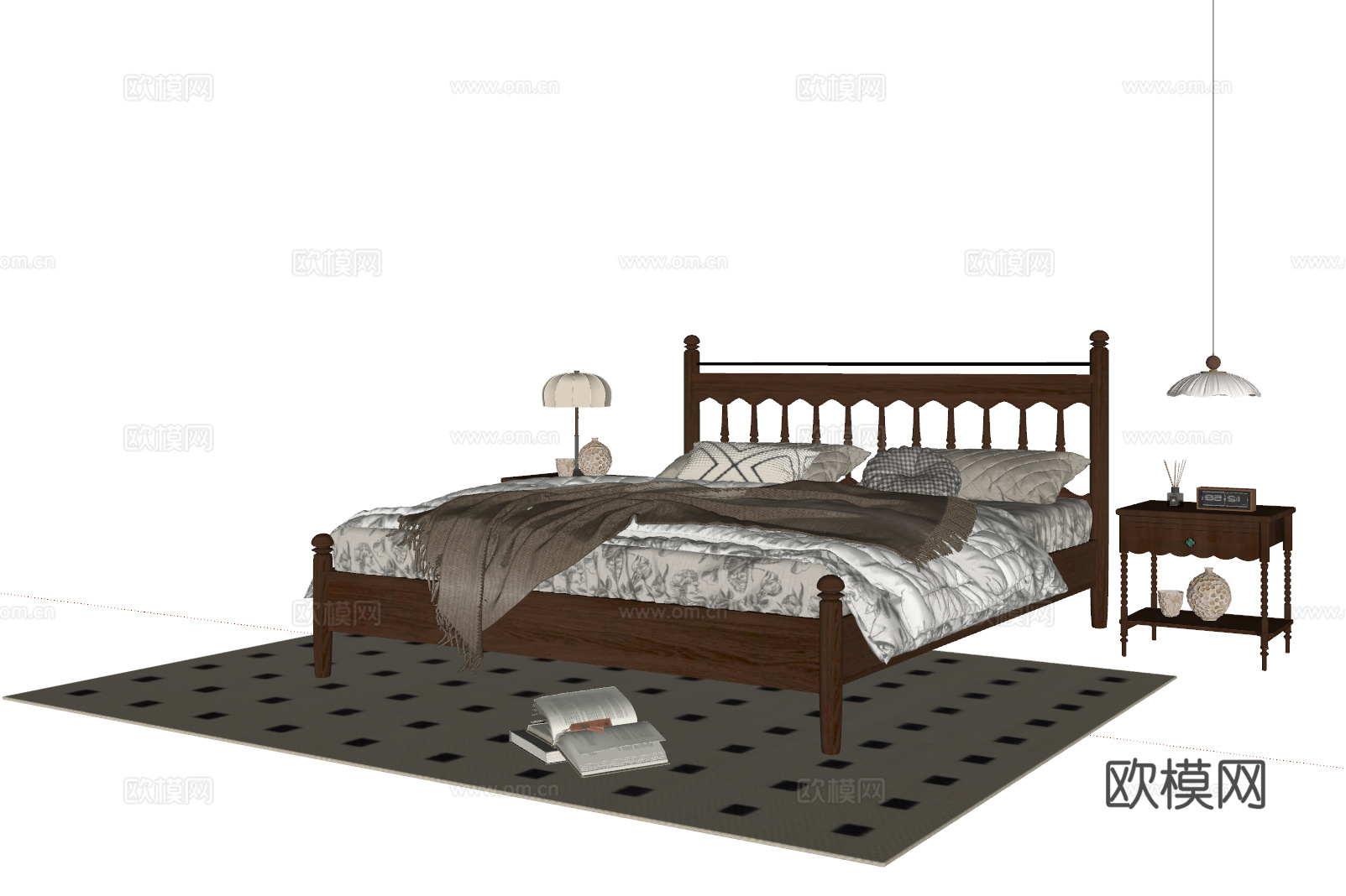 法式双人床 实木双人床 床头柜 吊灯 地毯su模型
