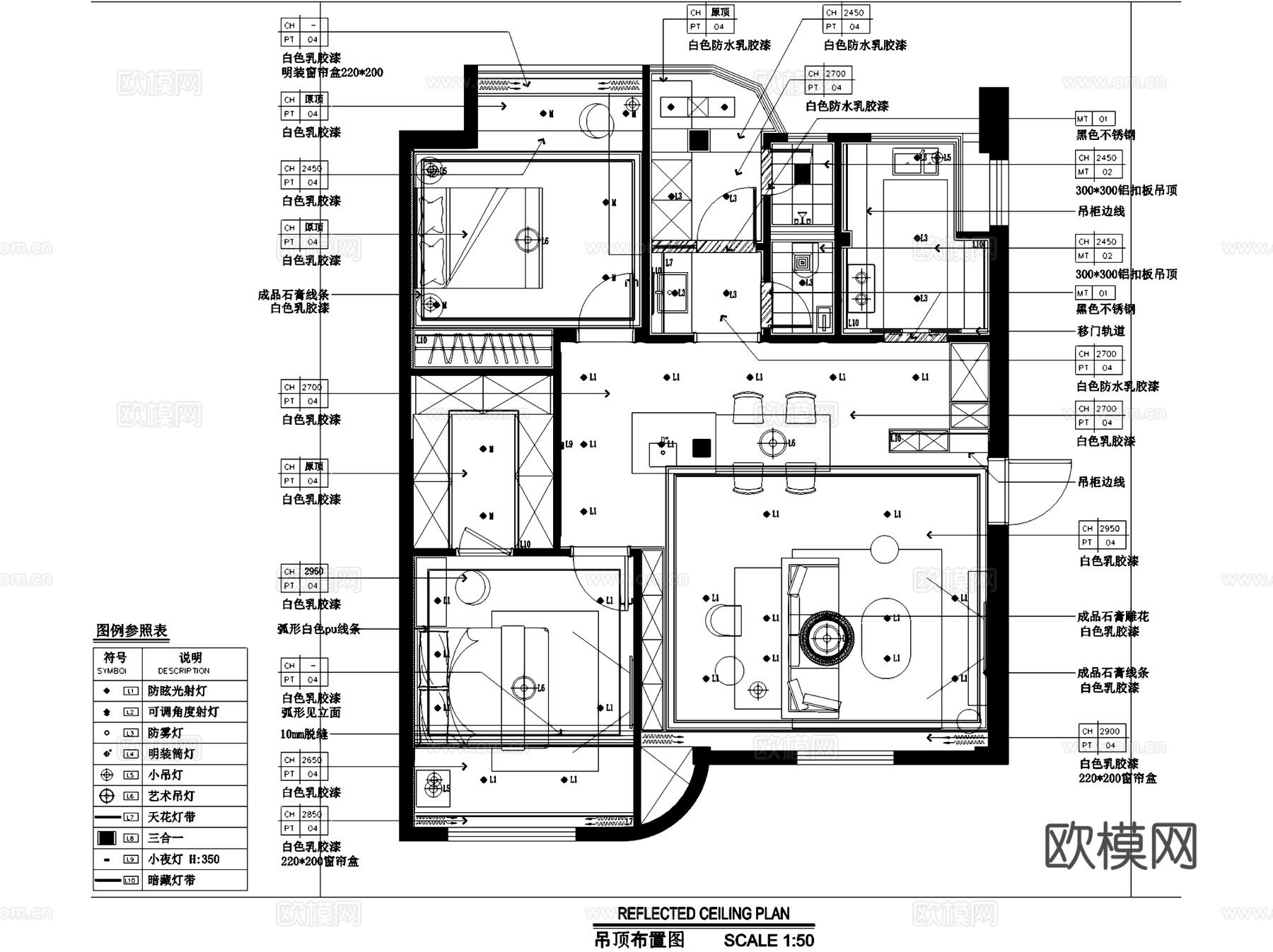 法式两室两厅一卫平层室内家装CAD施工图cad施工图