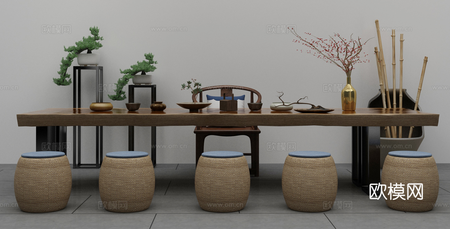 新中式茶室 茶台组合3d模型下载（渲染图1）