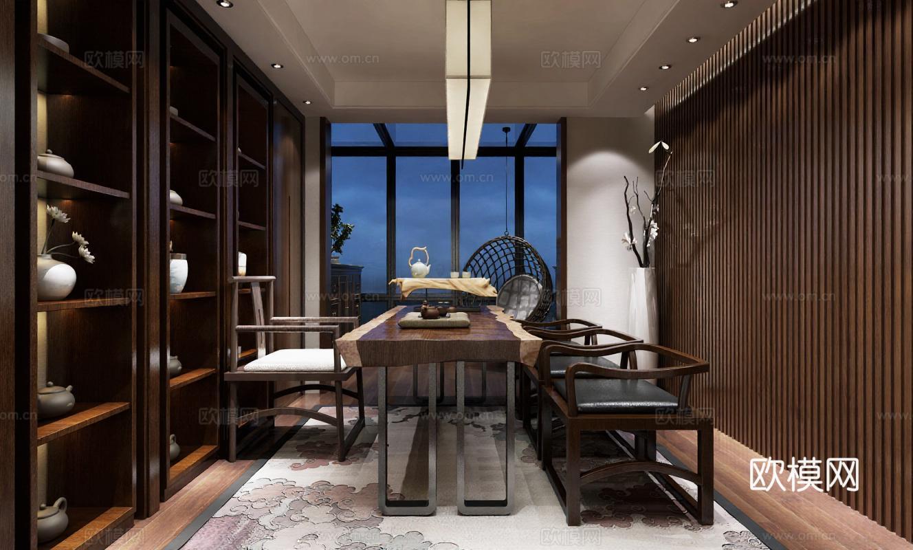 中式茶室书房设计 现代简约禅意会客区 实木软装3D渲染效果图免费3d模型