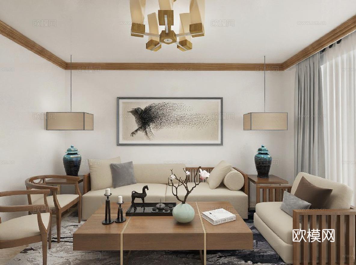 现代中式客厅家居设计 禅意空间3D渲染图 原木色家具与米白沙发搭配免费3d模型下载