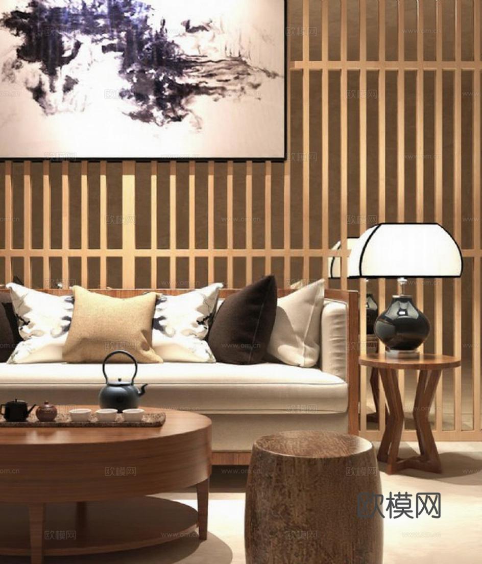 现代中式禅意客厅设计 原木家具与东方美学融合 宁静雅致家居空间 水墨装饰茶具搭配免费3d模型