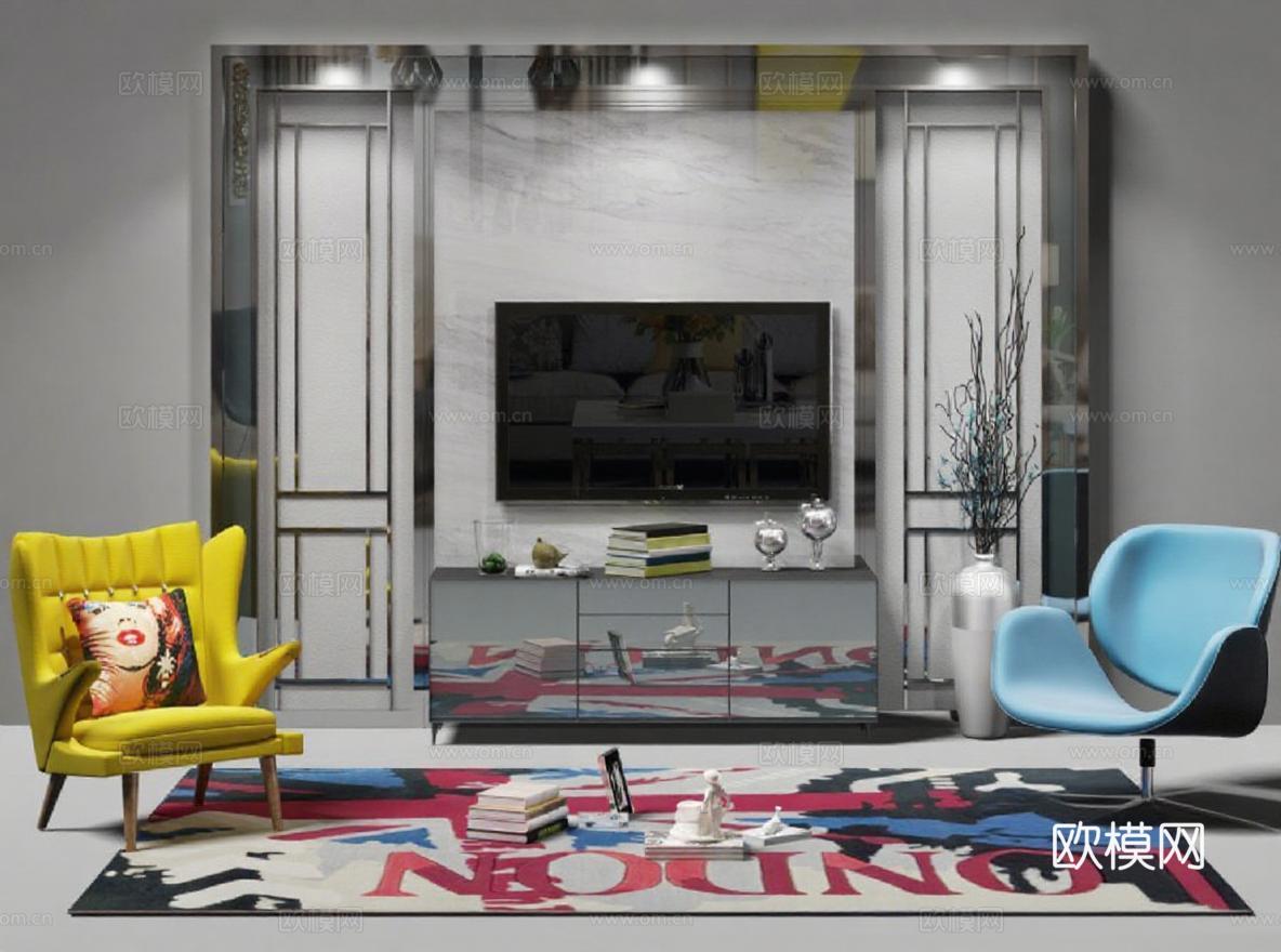 现代客厅设计 大理石电视背景墙装饰 黄蓝撞色家居摆件 3D模型渲染图免费3d模型