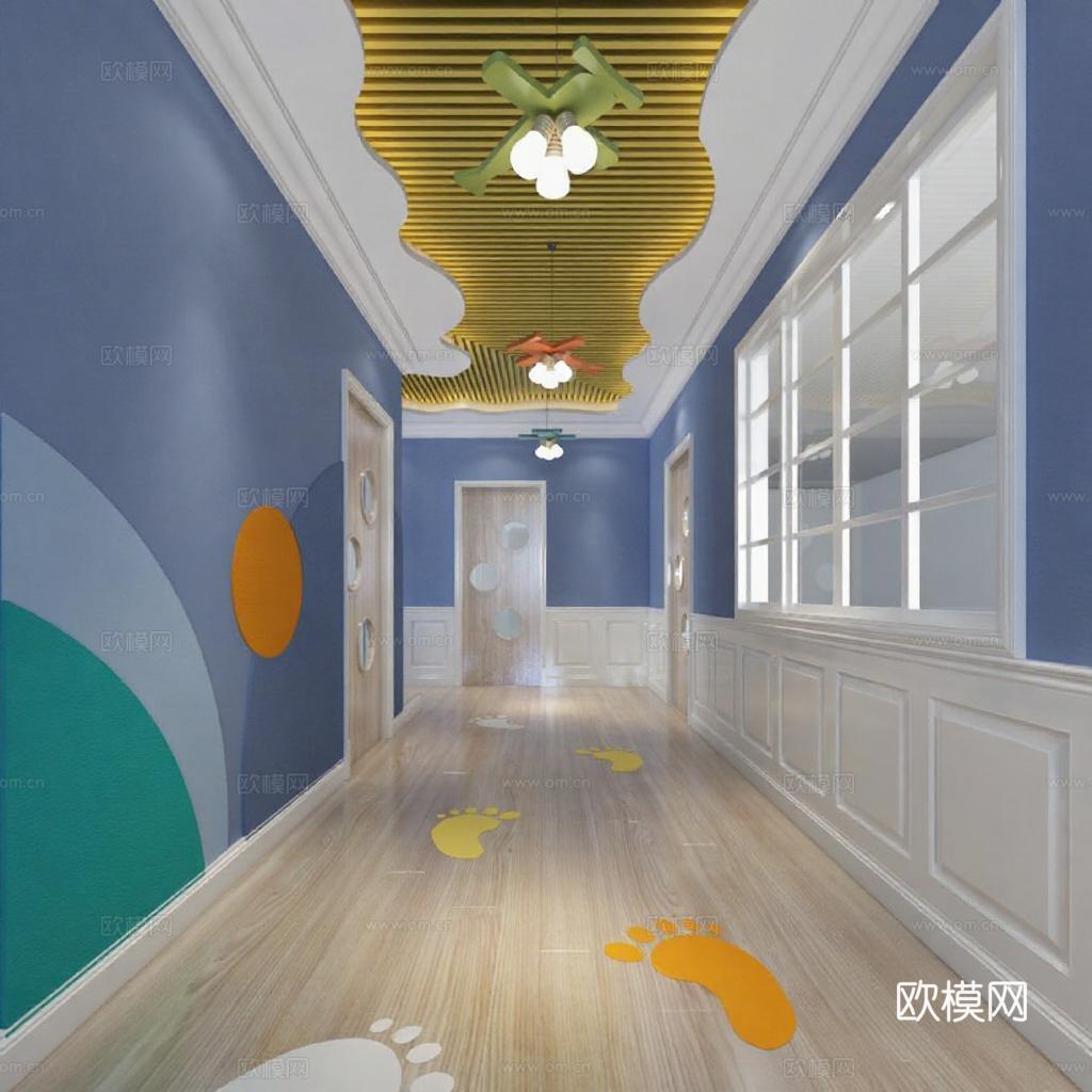 幼儿园走廊儿童空间设计 教育机构3D效果图 室内设计云朵吊灯彩色装饰免费3d模型