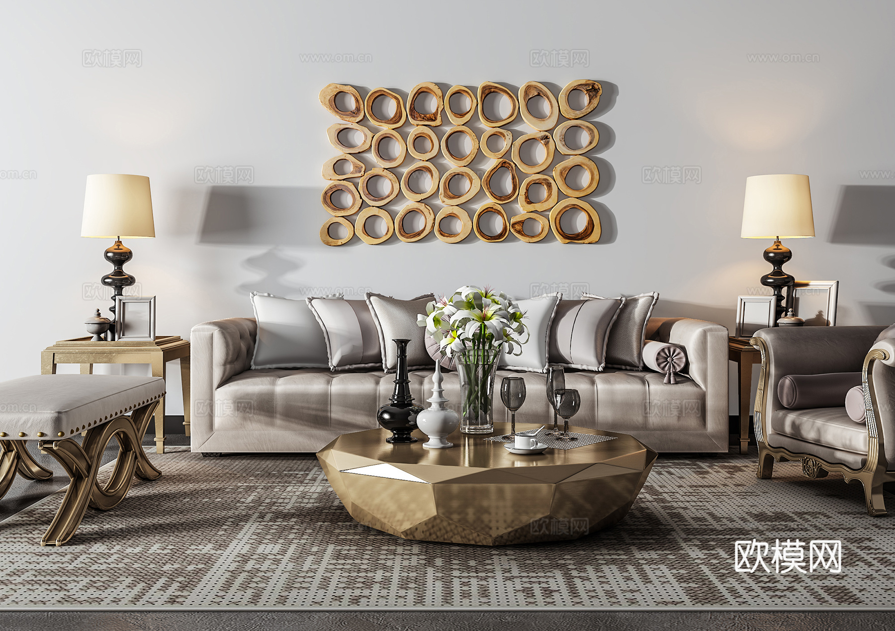现代沙发茶几壁画组合3d模型下载（渲染图1）