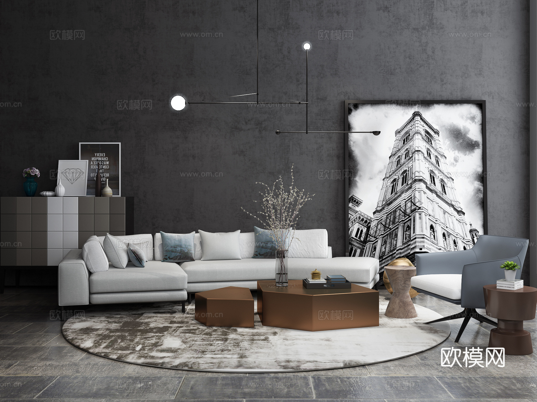 现代折角沙发 茶几 挂画 边柜 斗柜组合模型3d模型下载（渲染图1）