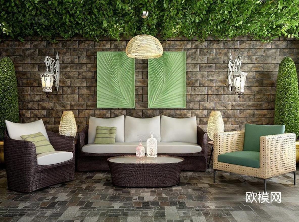现代自然风户外庭院家具组合 绿植装饰休闲空间设计 藤编沙发庭院布置灵感免费3d模型