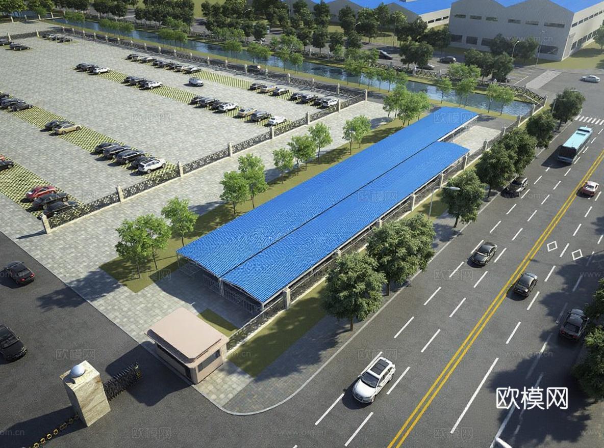 城市规划3D模型展示 现代商业区交通设施设计 蓝色顶棚停车场建筑效果图 工业区鸟瞰布局规划免费3d模型