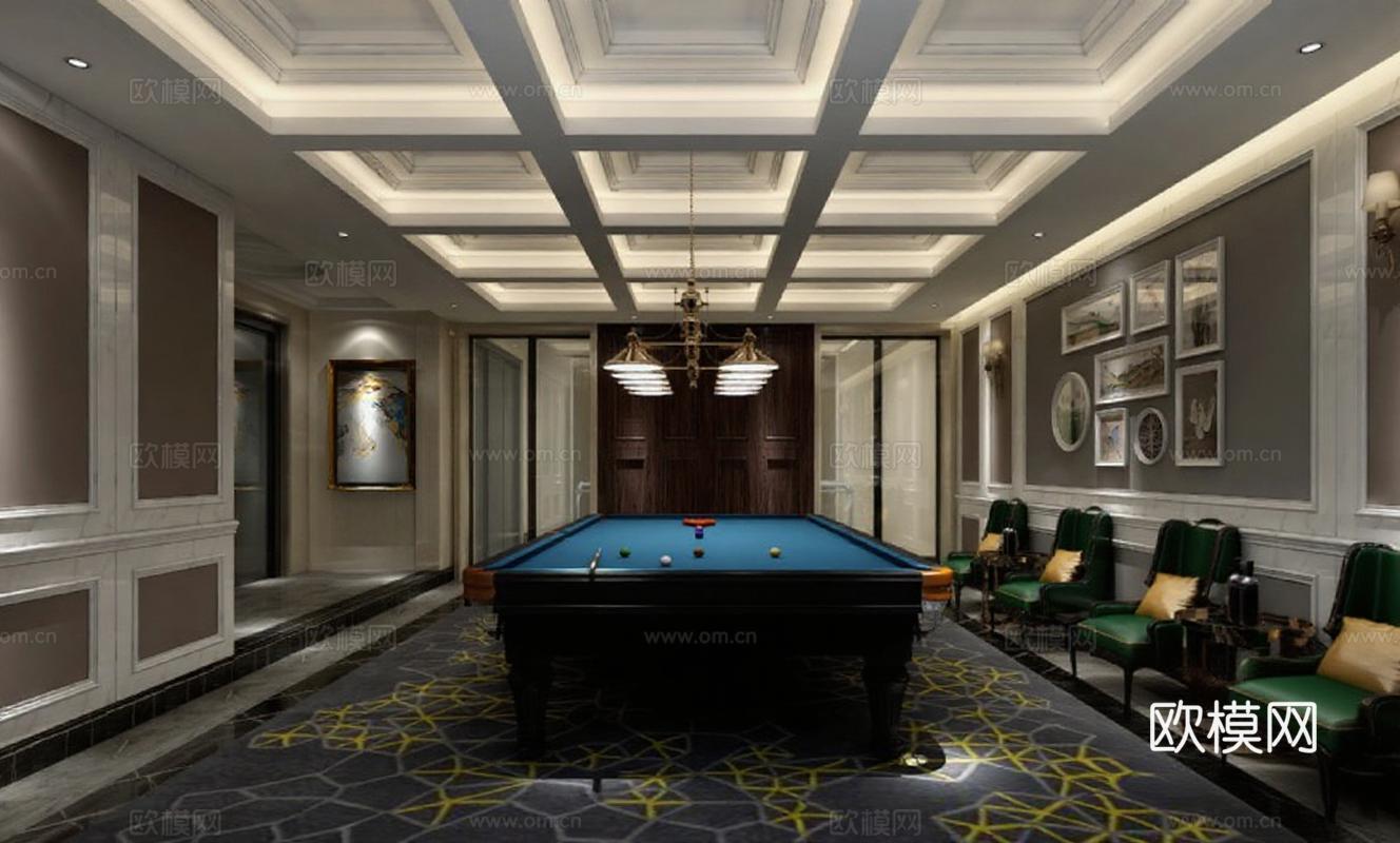 豪华别墅台球厅室内设计 高端装饰艺术游戏室 深灰绿色调空间搭配 多层次吊顶灯光布局免费3d模型