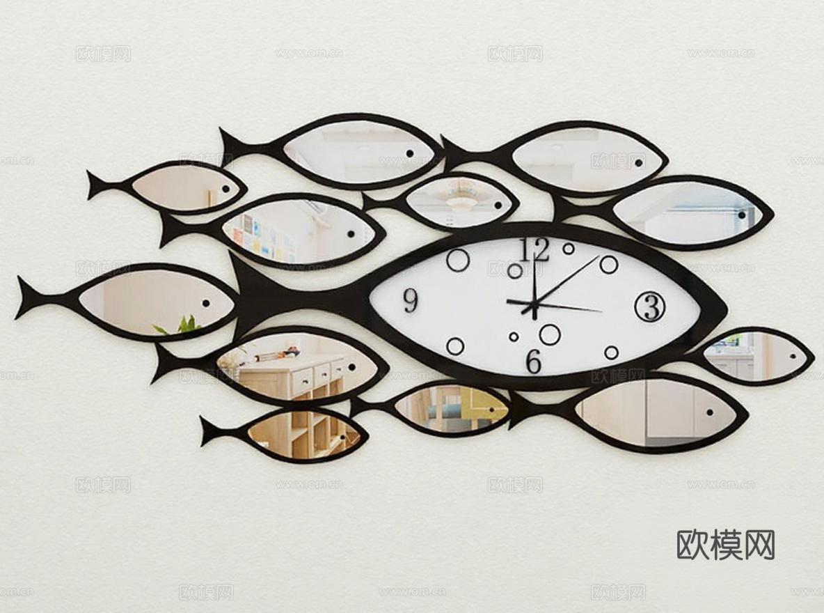 创意鱼形镜面壁挂钟 现代简约客厅墙面装饰 艺术感家居挂钟免费3d模型