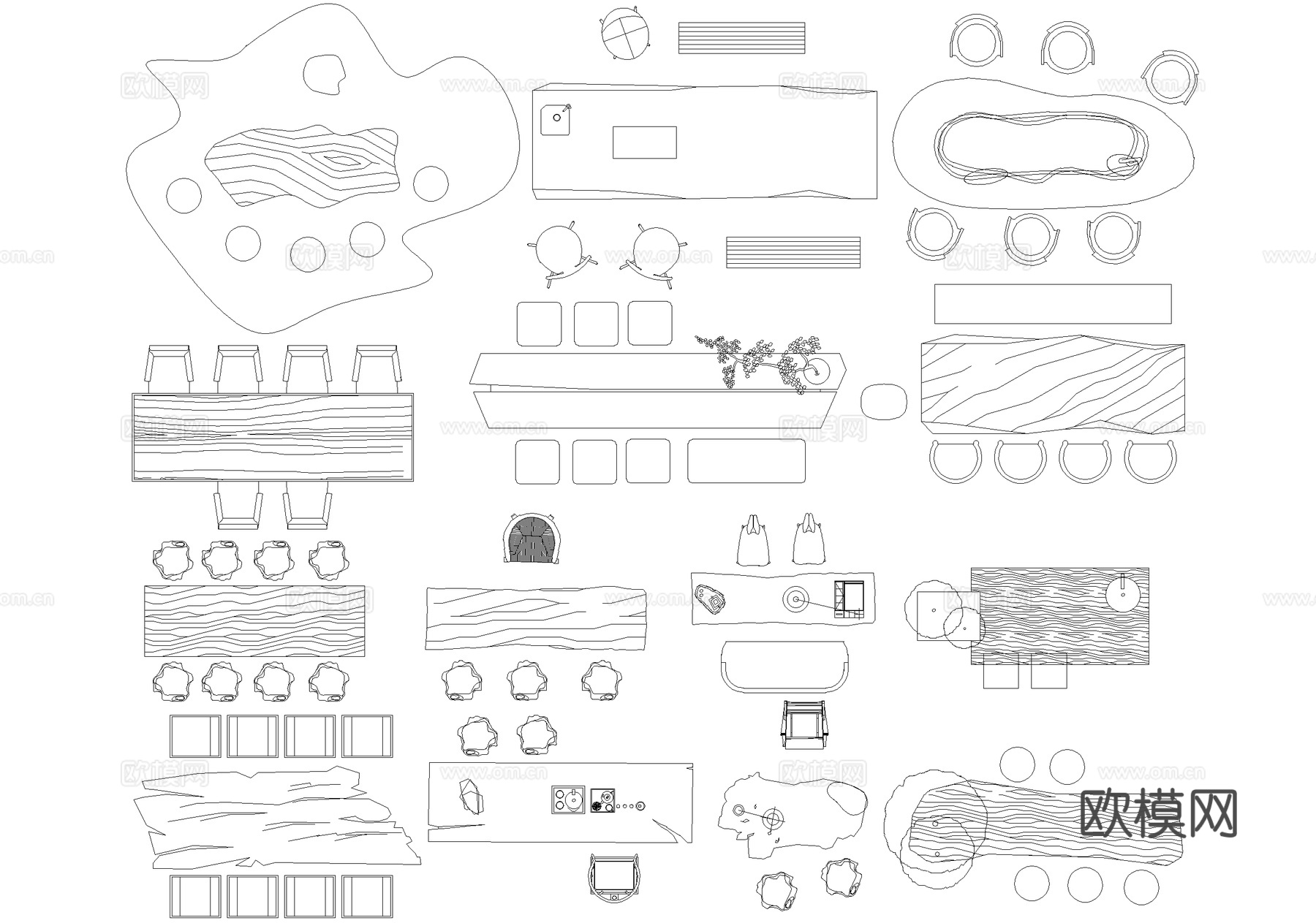 新中式桌子茶桌茶几茶台桌椅平面图块cad施工图