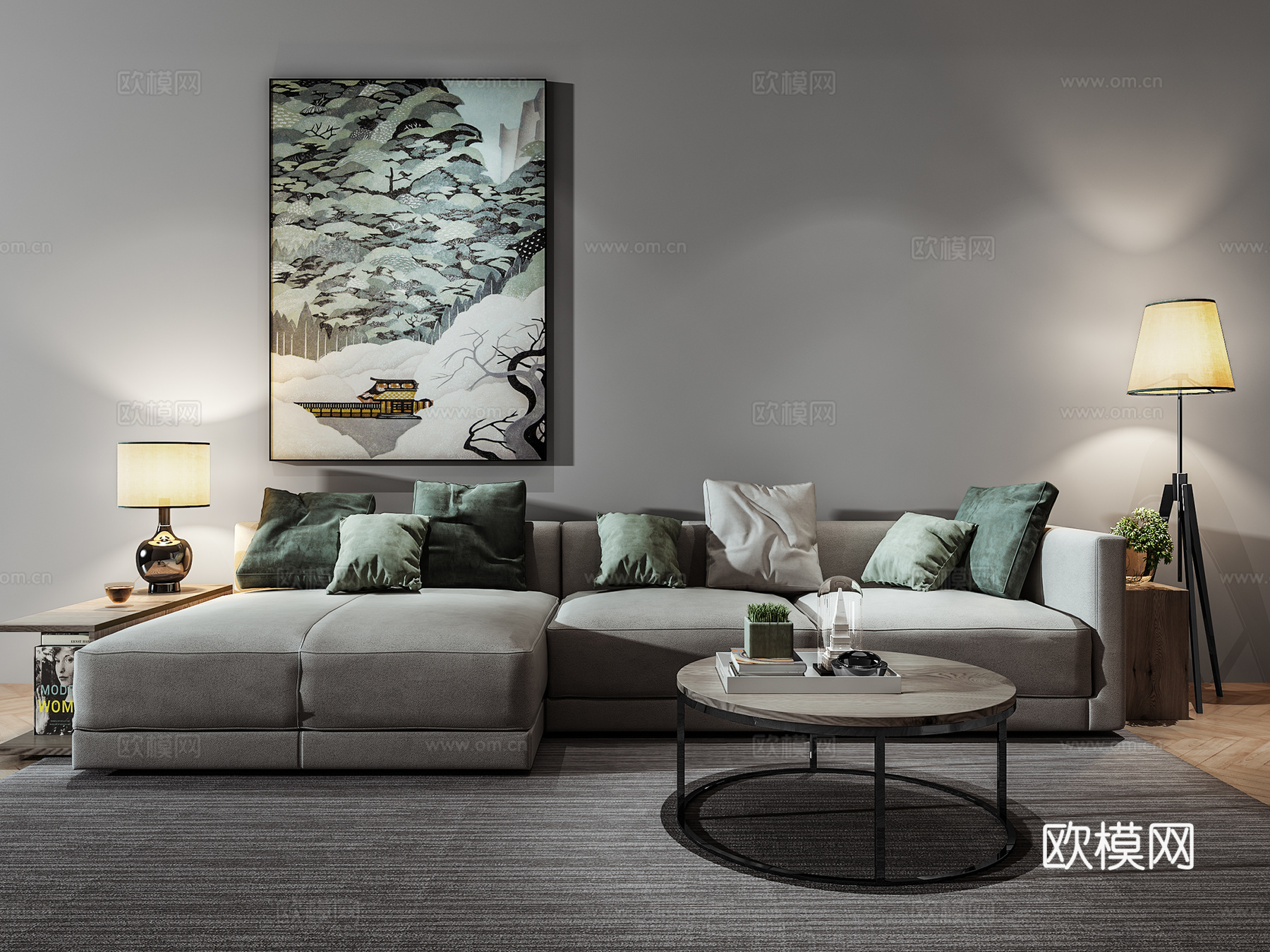 现代沙发茶几壁画组合3d模型下载（渲染图3）