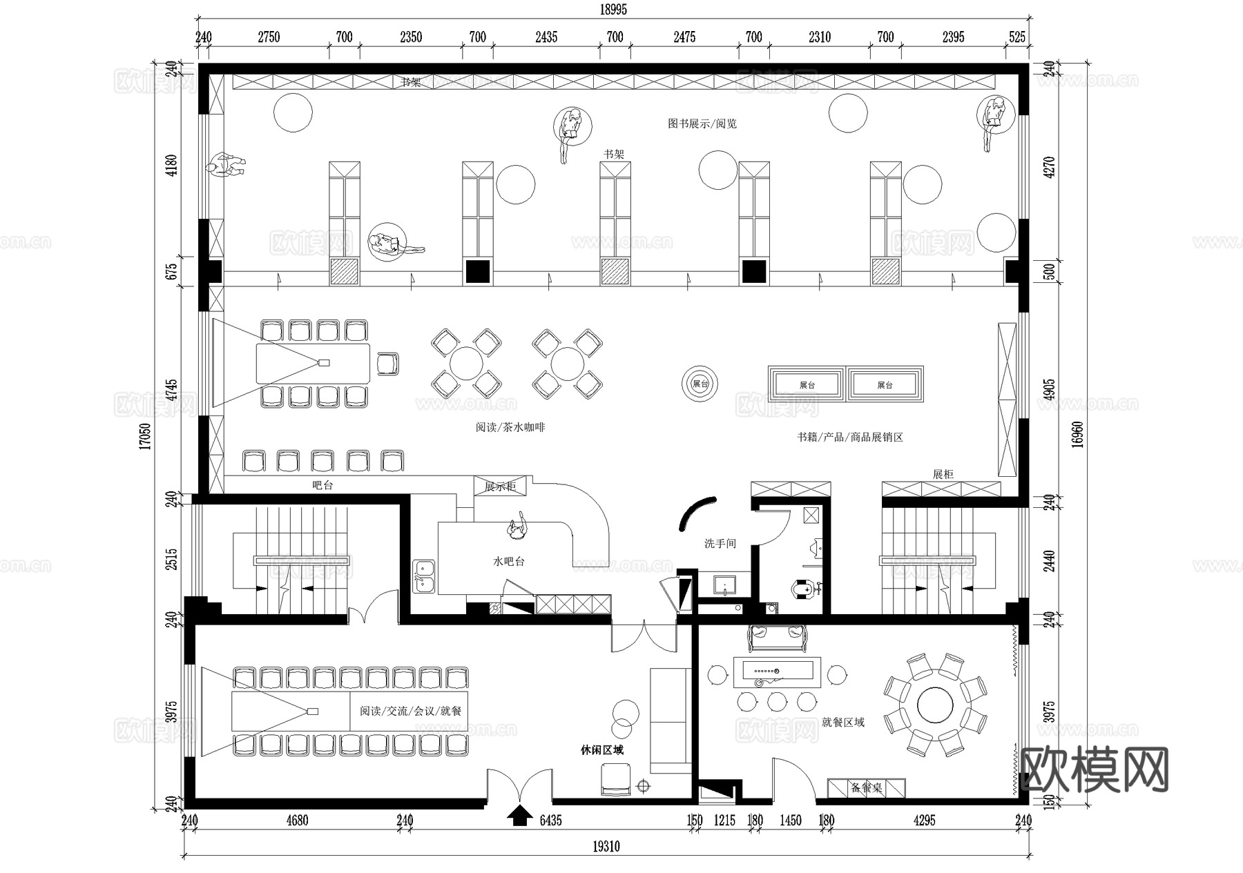 书店咖啡茶水书吧平面图cad施工图