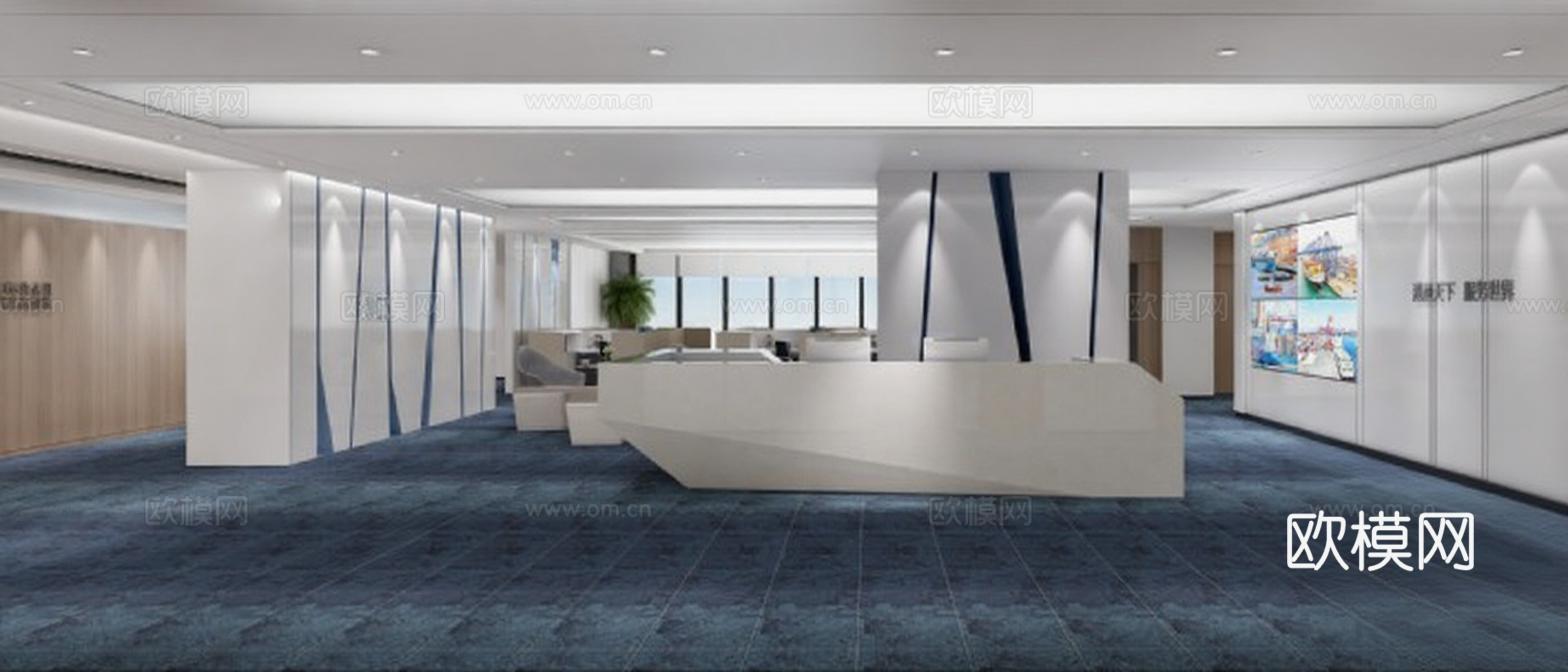 企业前台设计 现代商务办公空间 3D渲染效果图 商业空间室内装饰免费3d模型