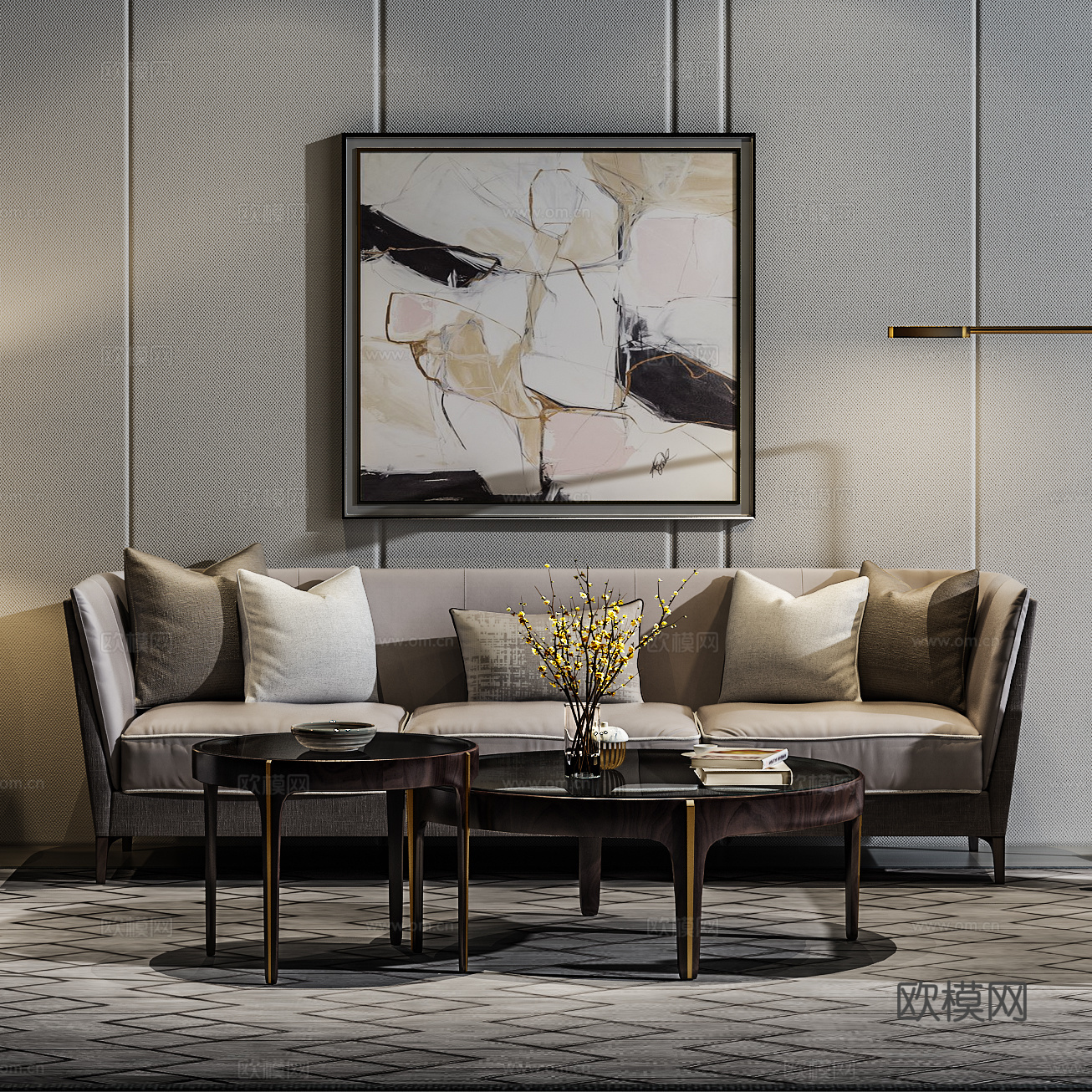 现代沙发茶几壁画组合3d模型下载（渲染图3）