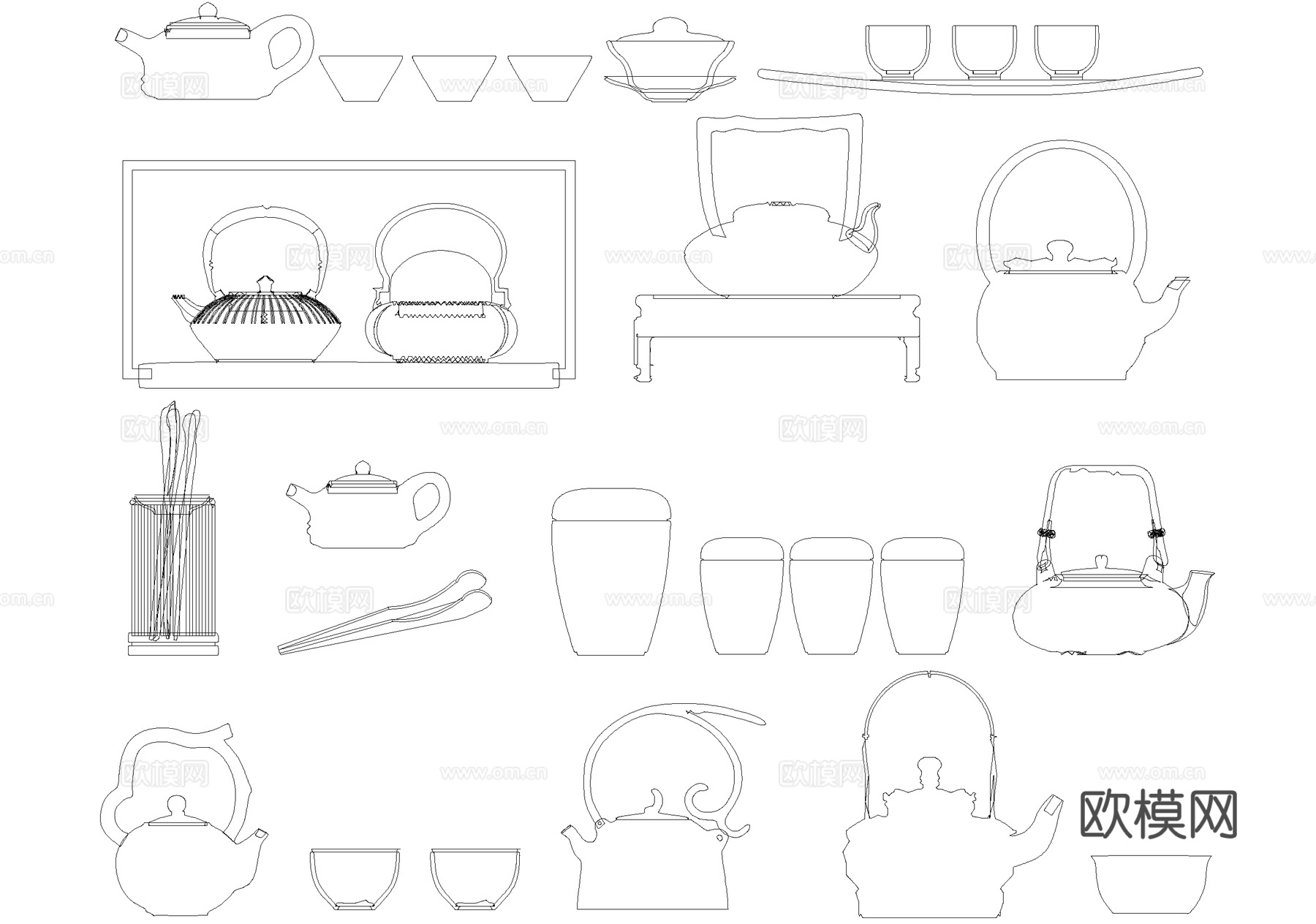 新中式茶具茶壶茶杯立面图块cad施工图