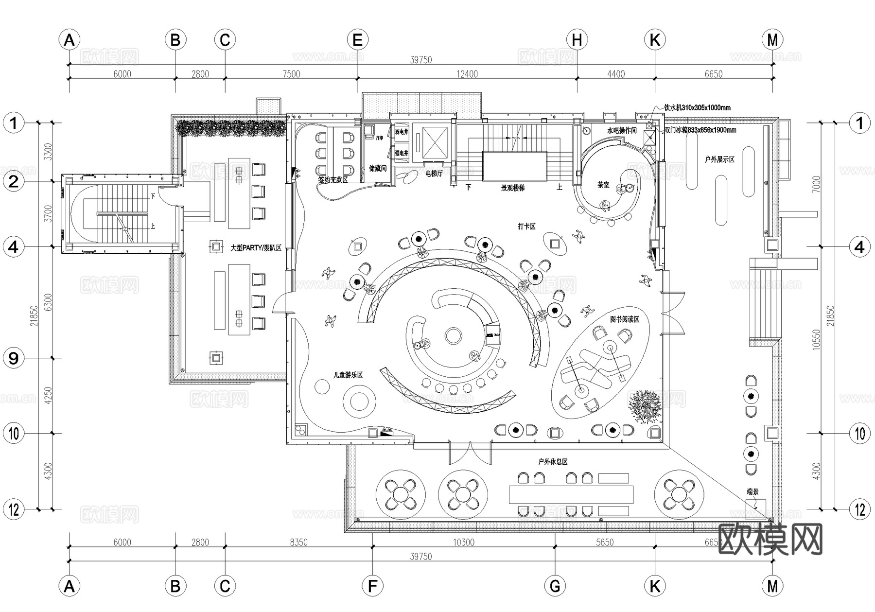书店咖啡书吧平面图cad施工图