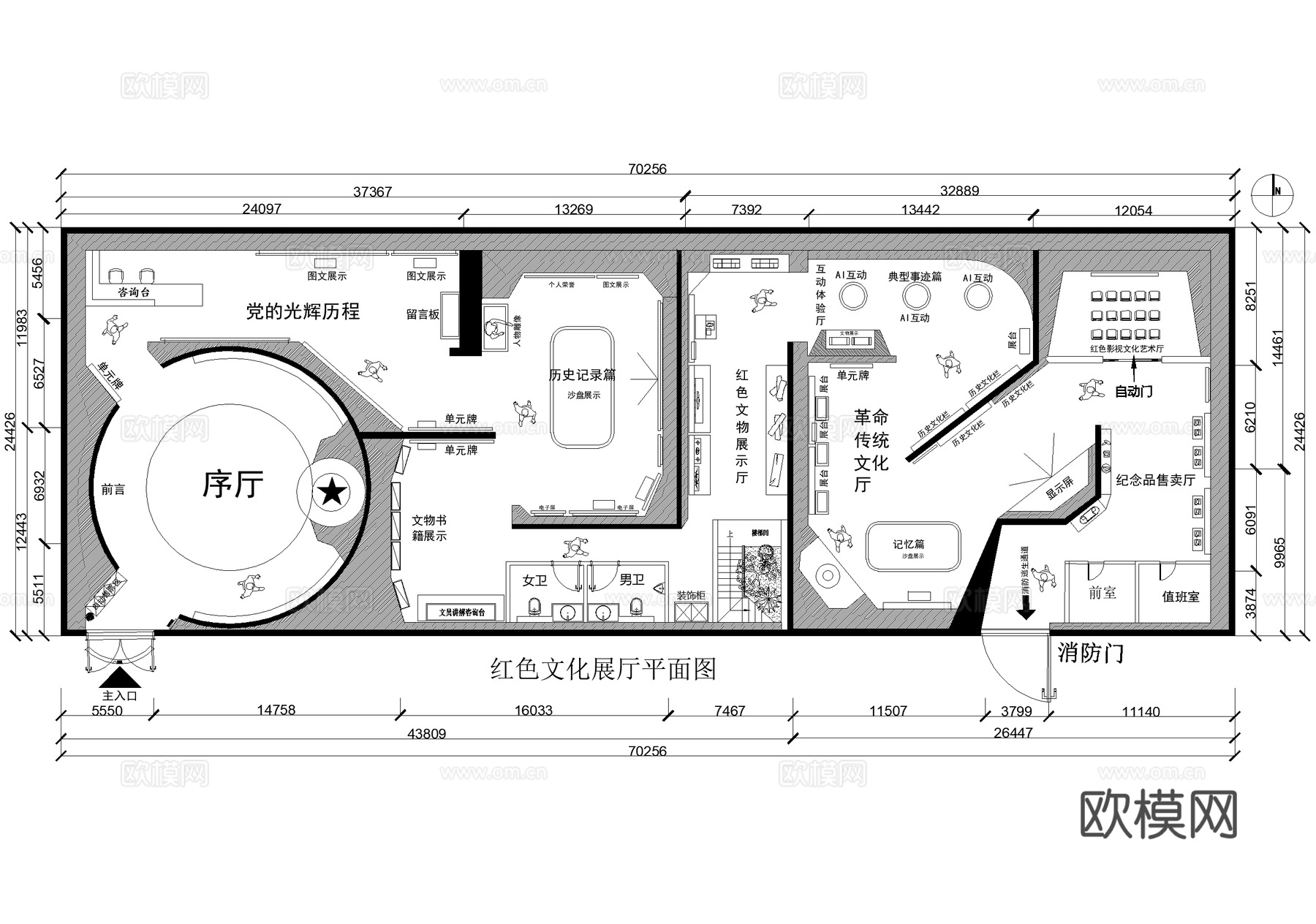 红色革命党建文化展厅平面图cad施工图