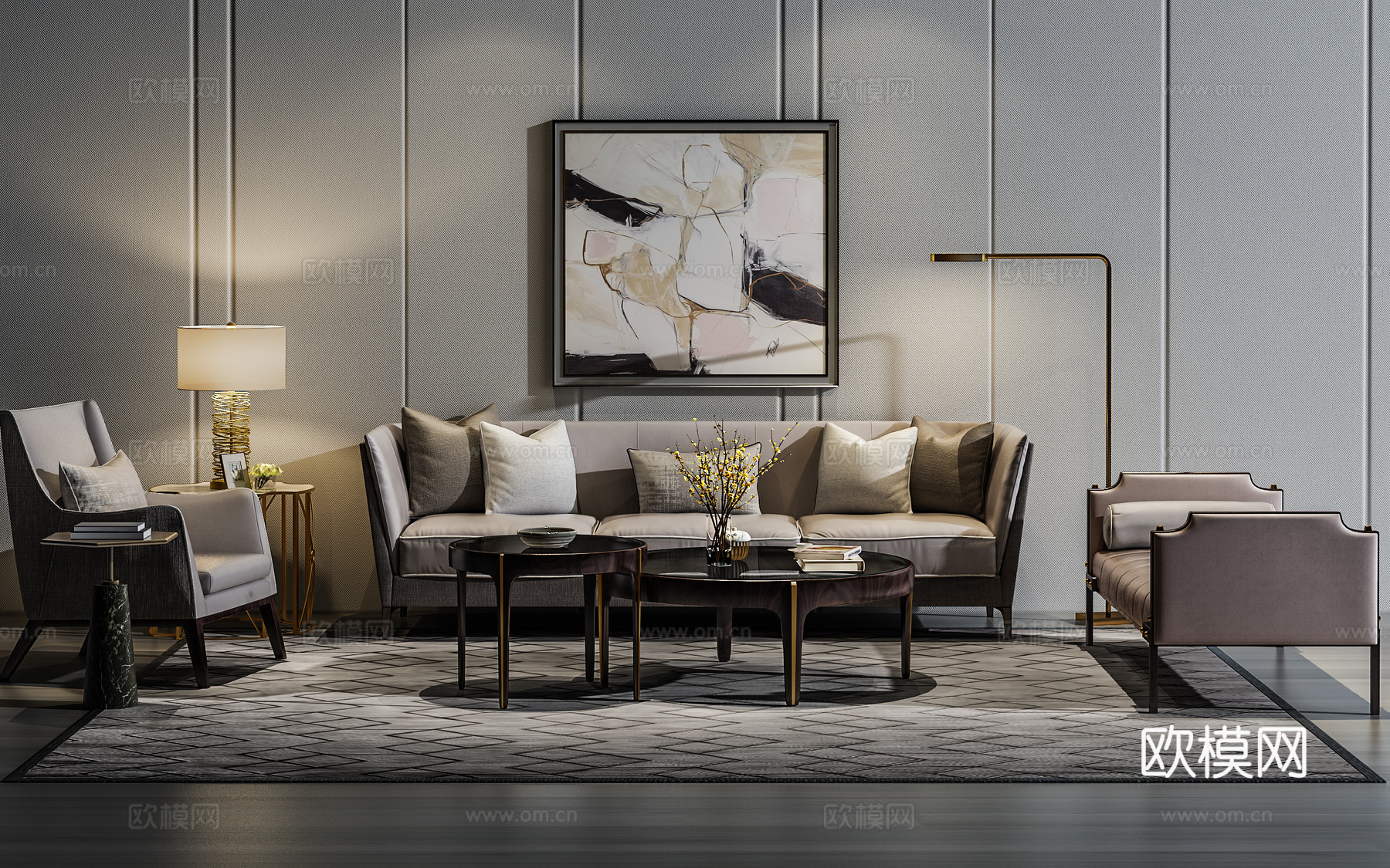 现代沙发茶几壁画组合3d模型下载（渲染图1）