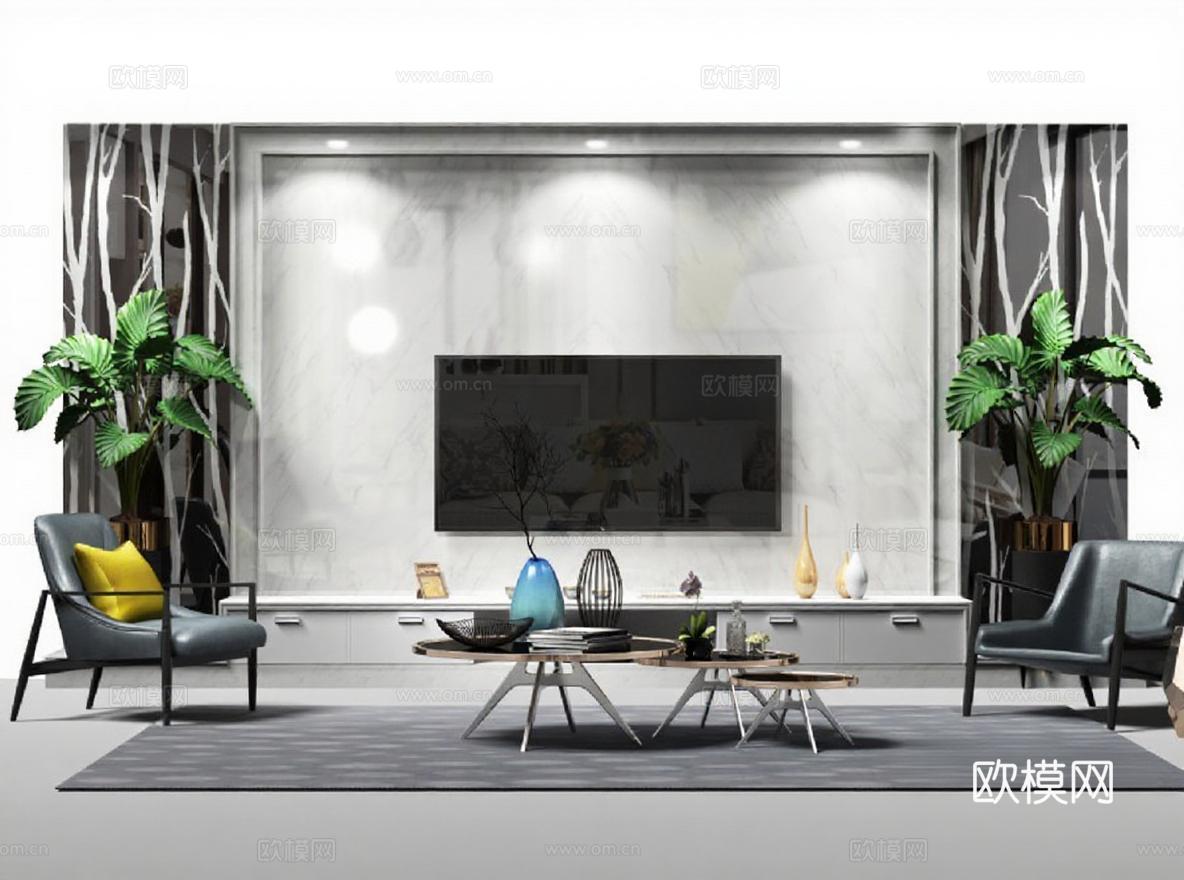 现代客厅家居设计 室内装饰3D渲染图 灰黑调空间亮色点缀免费3d模型