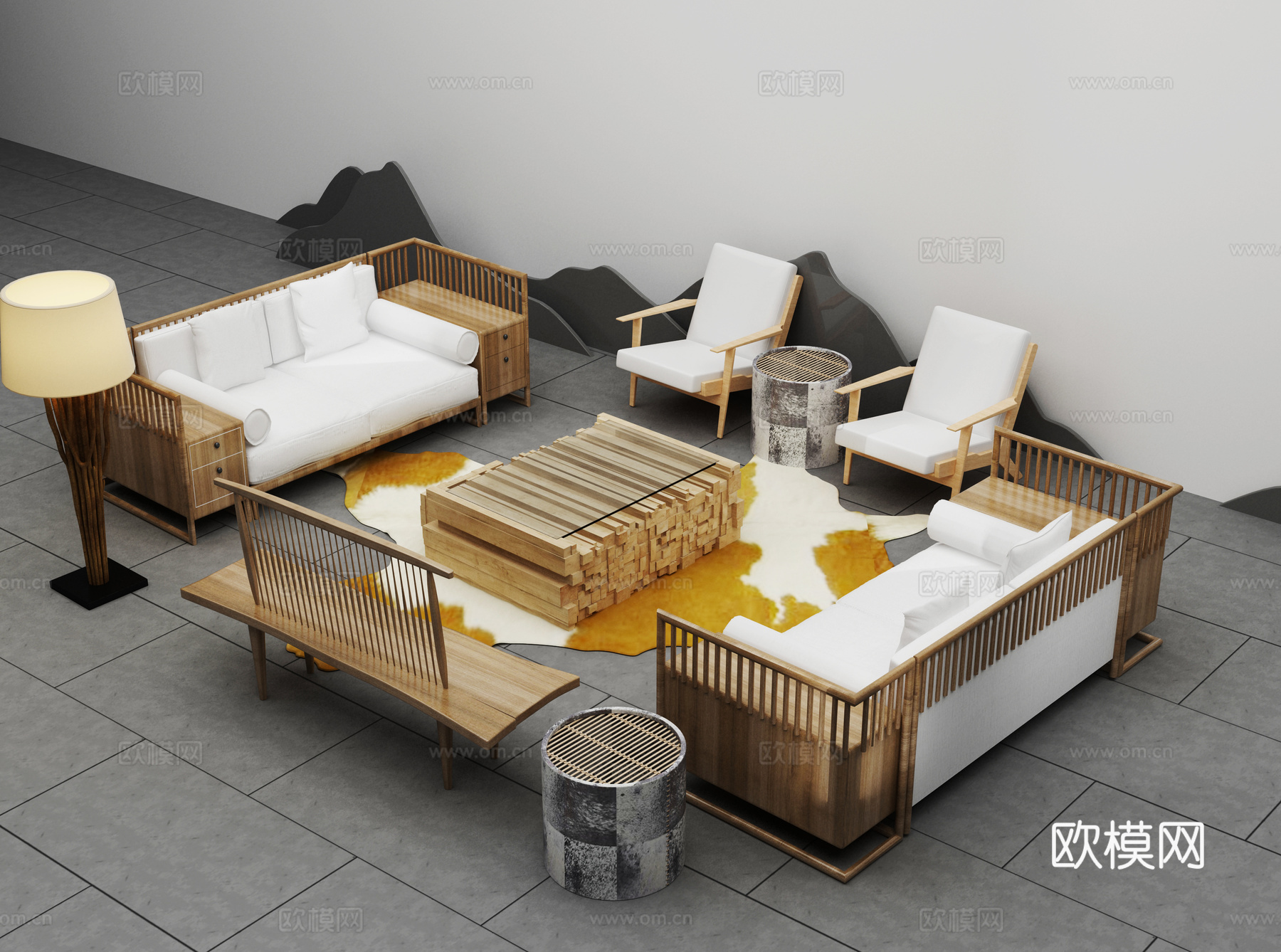 新中式沙发茶几组合 沙发茶几 餐桌椅 客厅 吊灯 挂画 玄关3d模型下载（渲染图1）